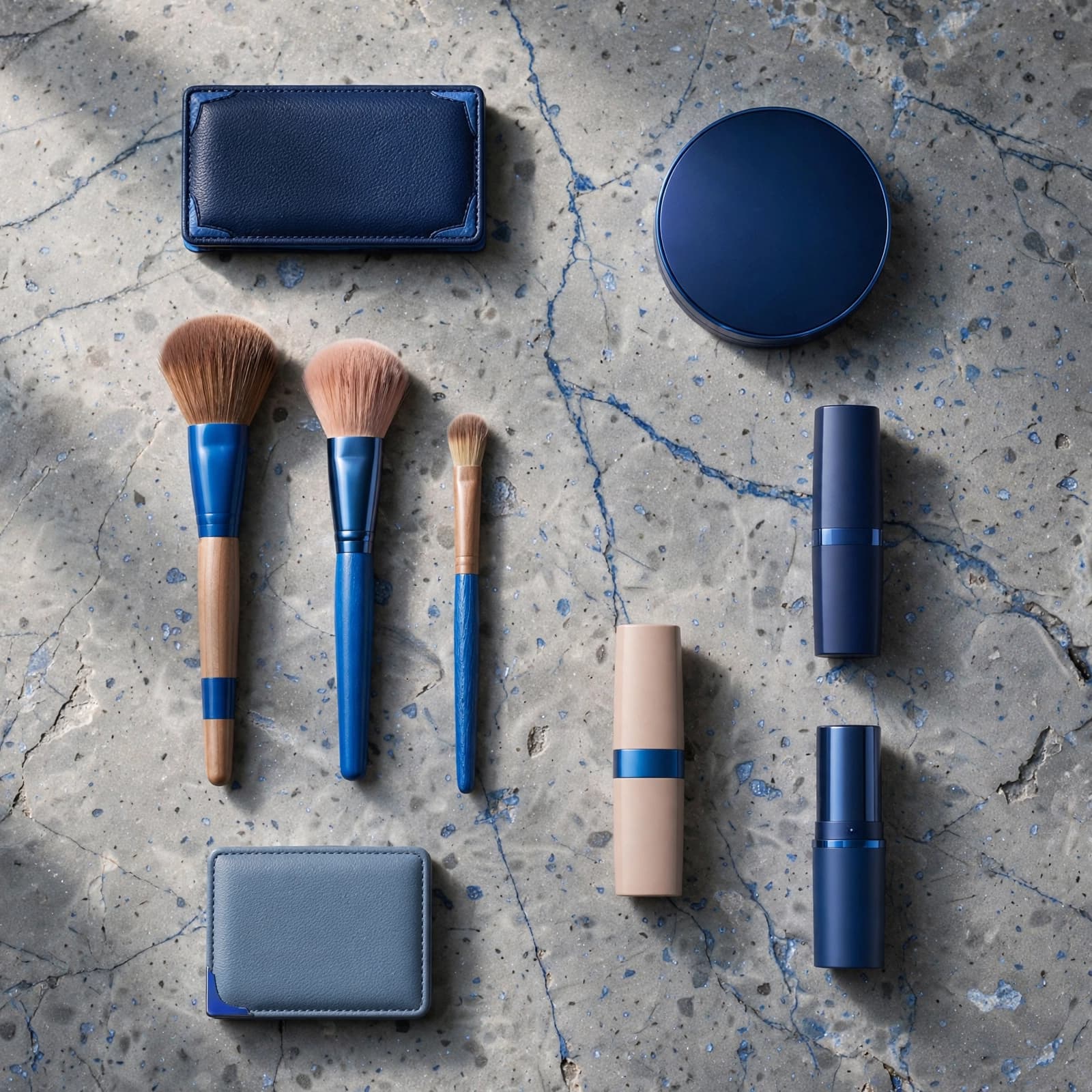 An overhead view of blue makeup brushes, palettes, and lipsticks arranged on a stone surface.