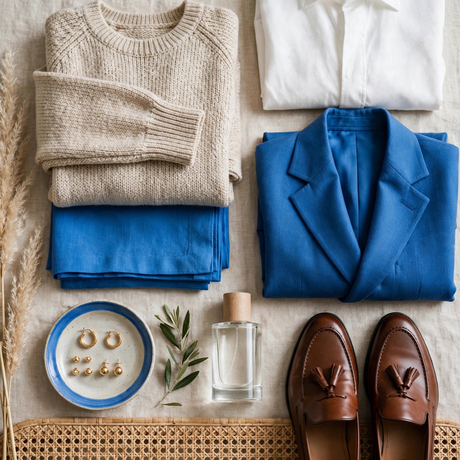 A folded jumper, shirt, jacket, shoes, jewellery dish, and fragrance bottle arranged neatly.