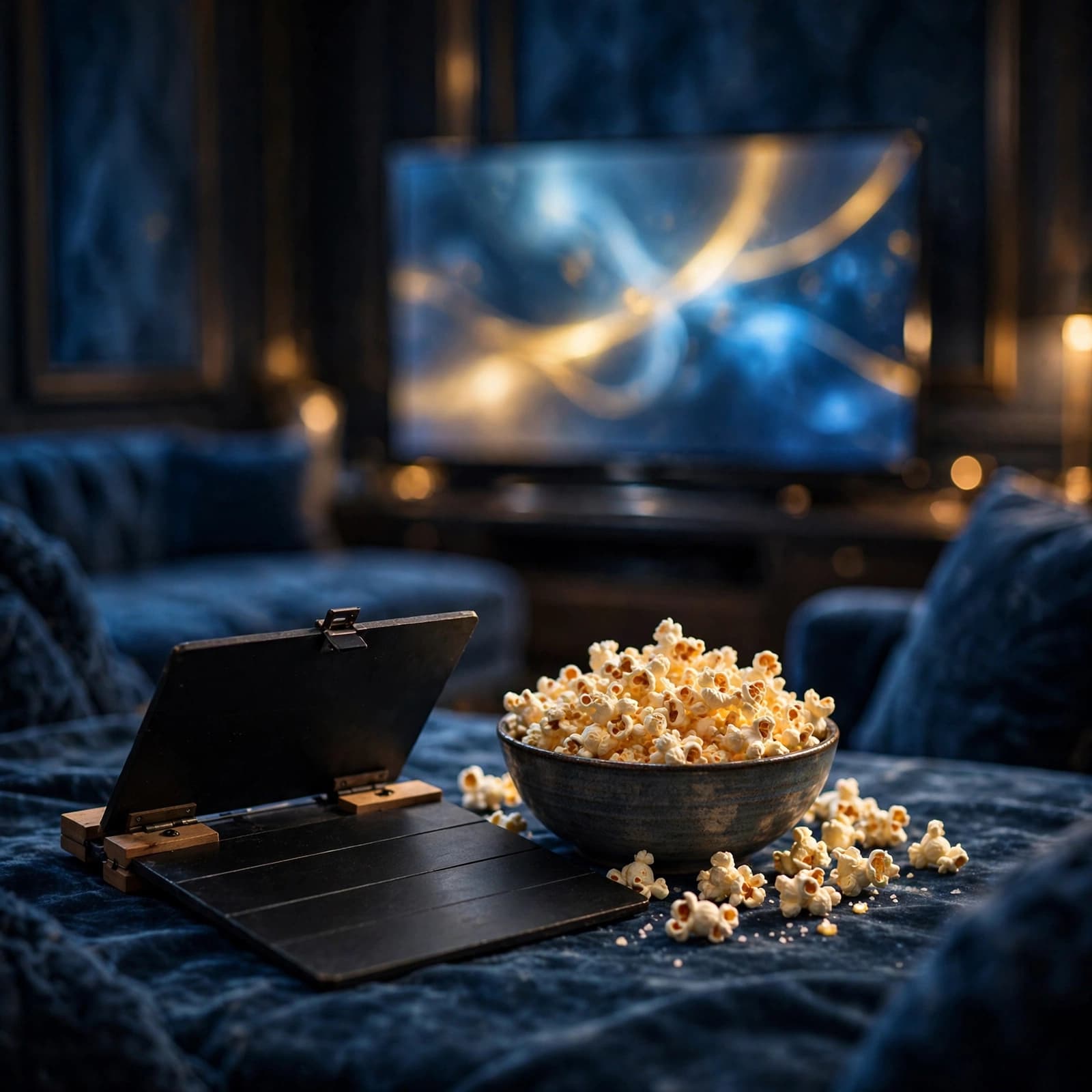 A film slate and a bowl of popcorn on a velvet surface in front of a glowing TV.