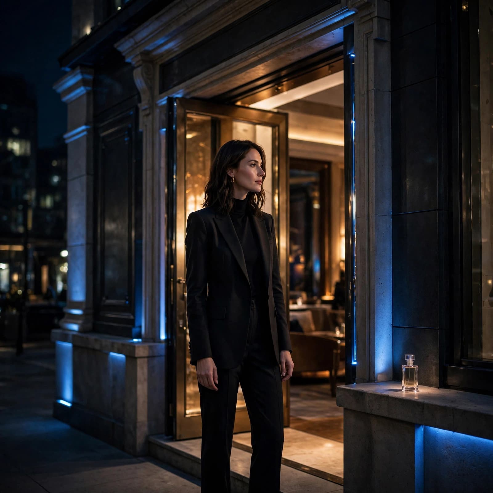 A woman in a black suit poses beside an illuminated doorway at night, with a perfume bottle on a ledge.