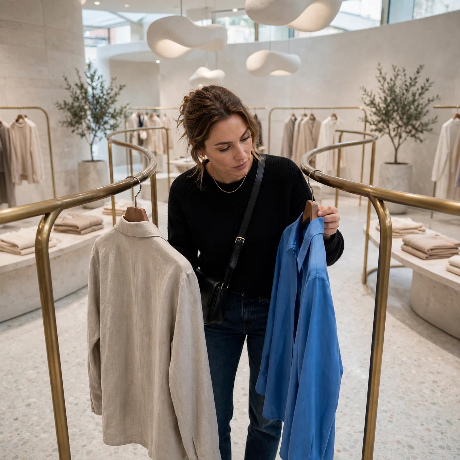 A woman in a clothing store compares a neutral jacket and a blue shirt.