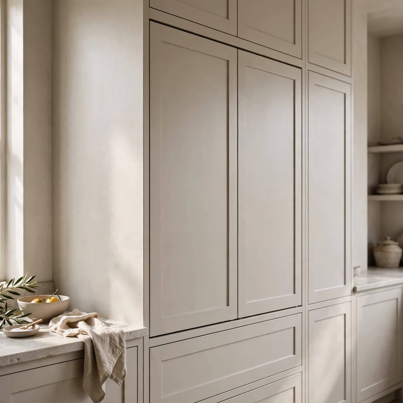 A modern kitchen with neutral-toned cabinetry, a bowl of lemons on a counter, and natural sunlight.