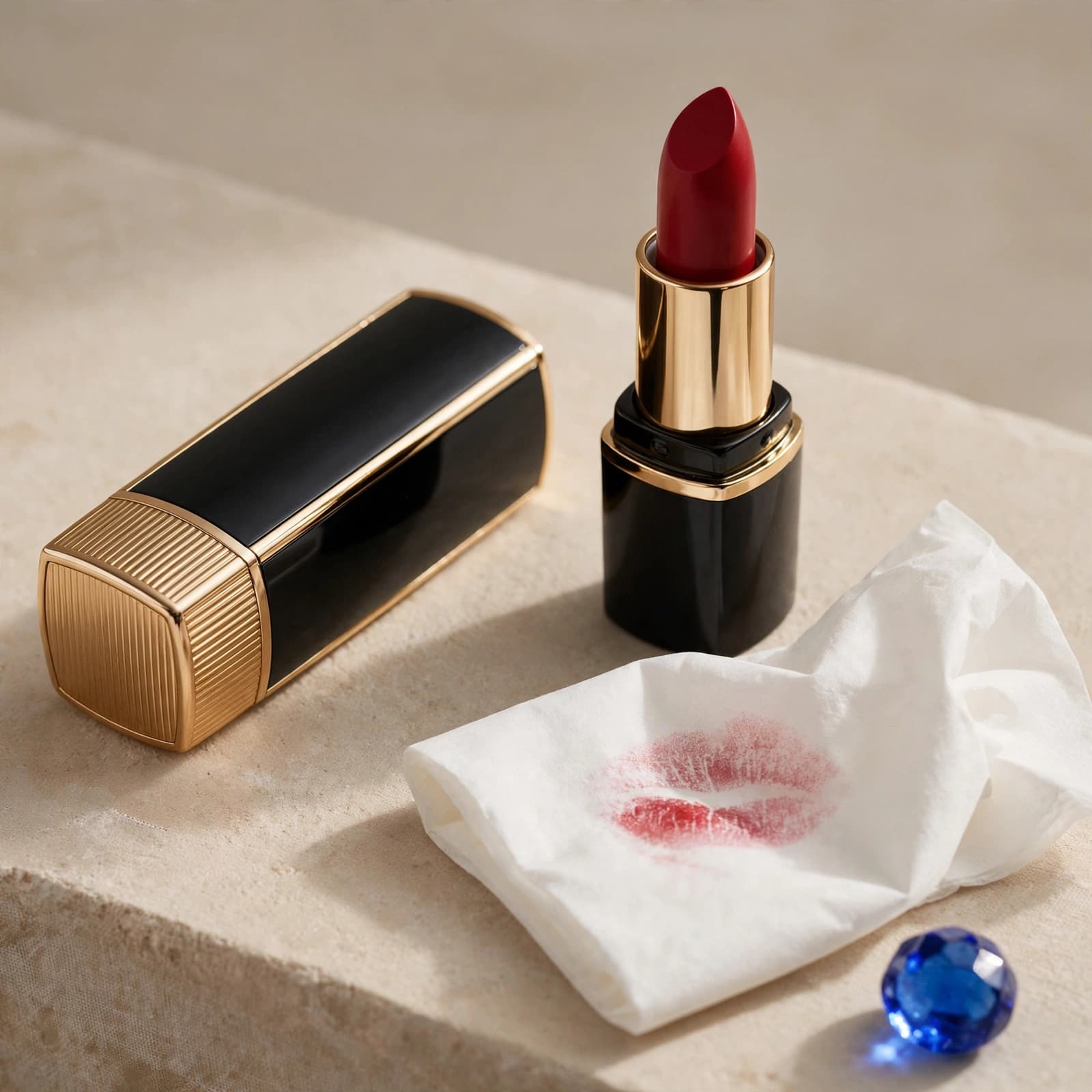 An open red lipstick and closed black-and-gold case beside a marked tissue.