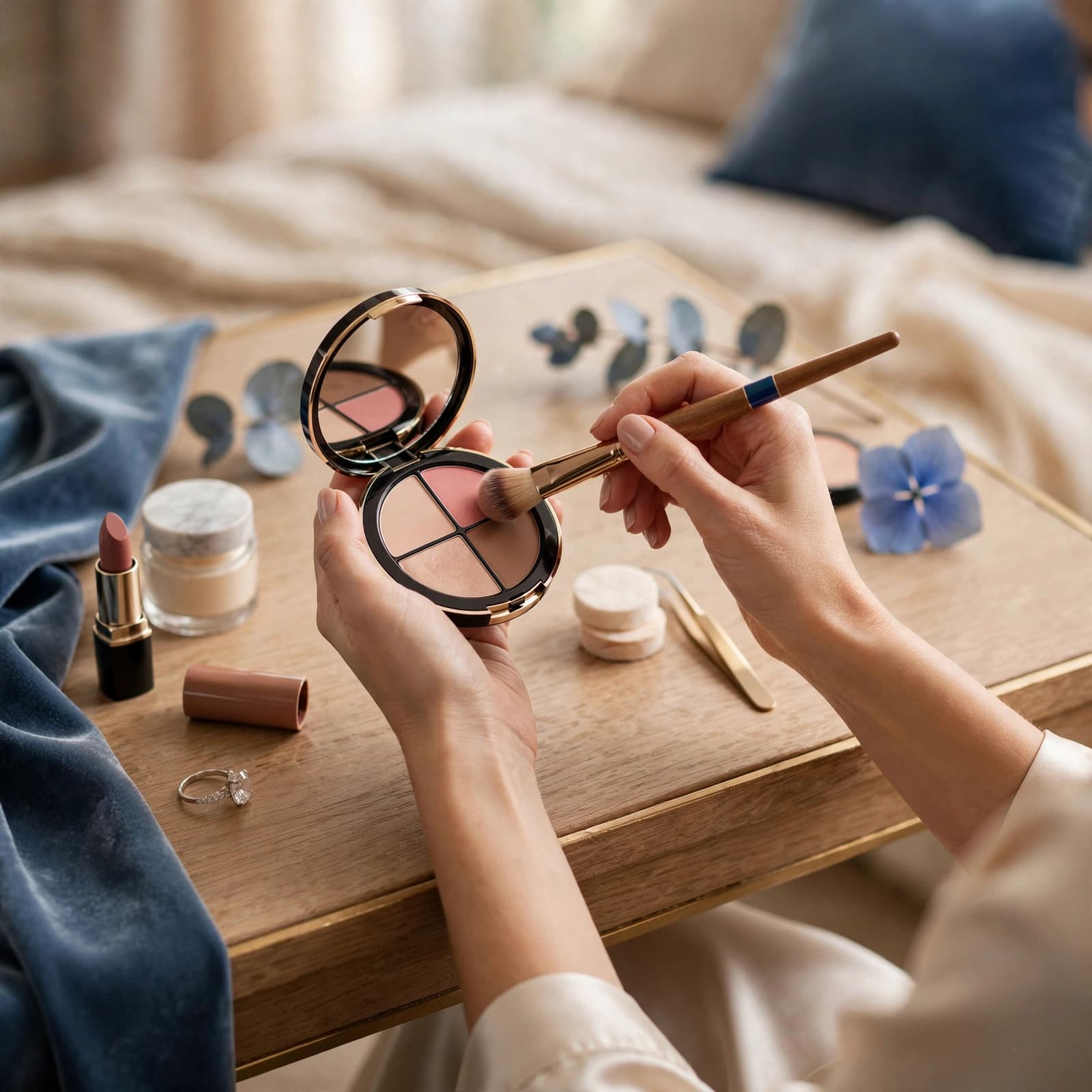A woman holds an open makeup palette and a brush on a wooden tray in a bedroom.