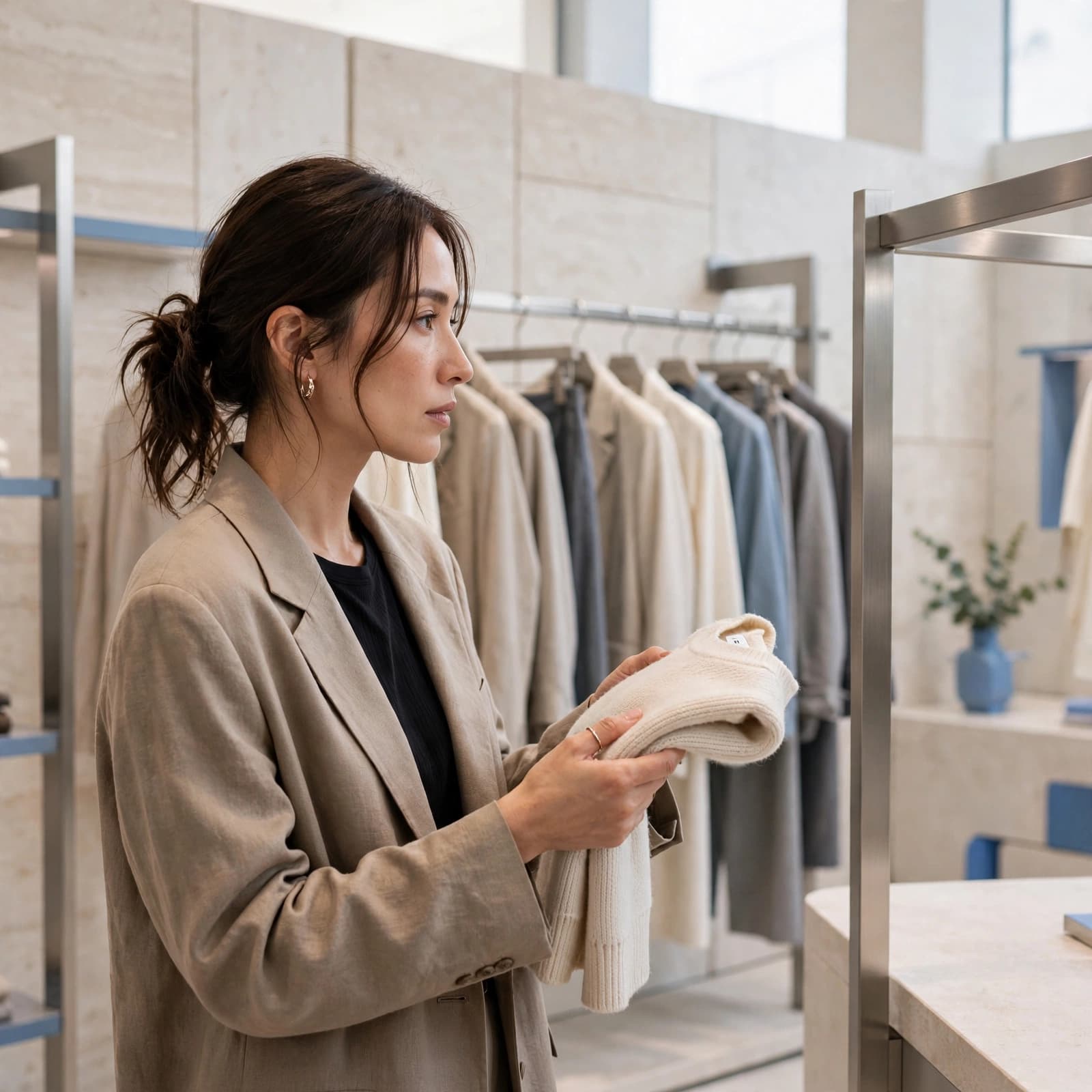 A woman holding a folded knit sweater in a modern luxury clothing store.