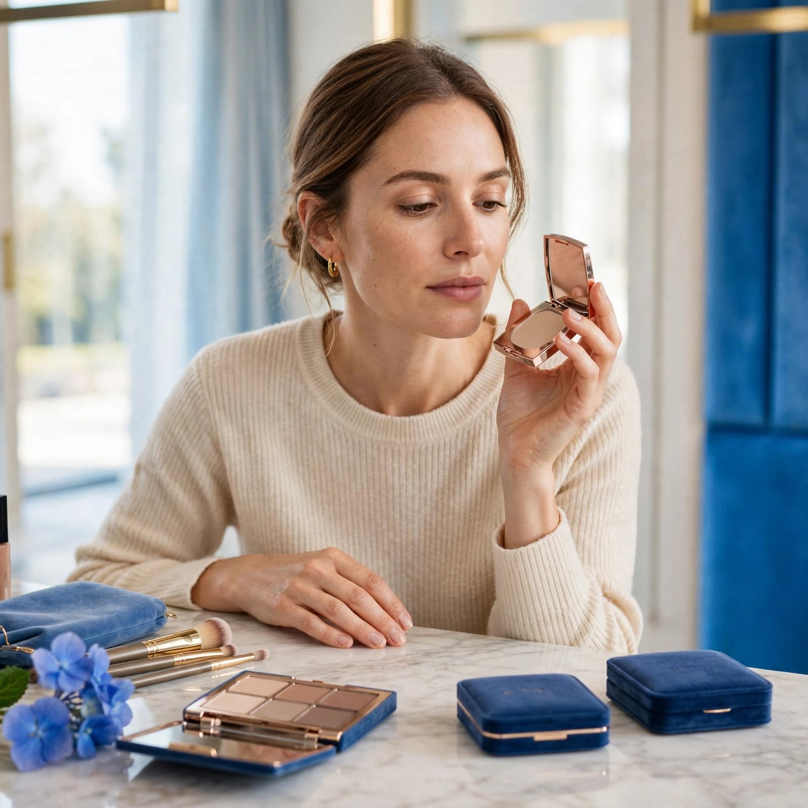 A woman holding a makeup compact at a dressing table with brushes and palettes.