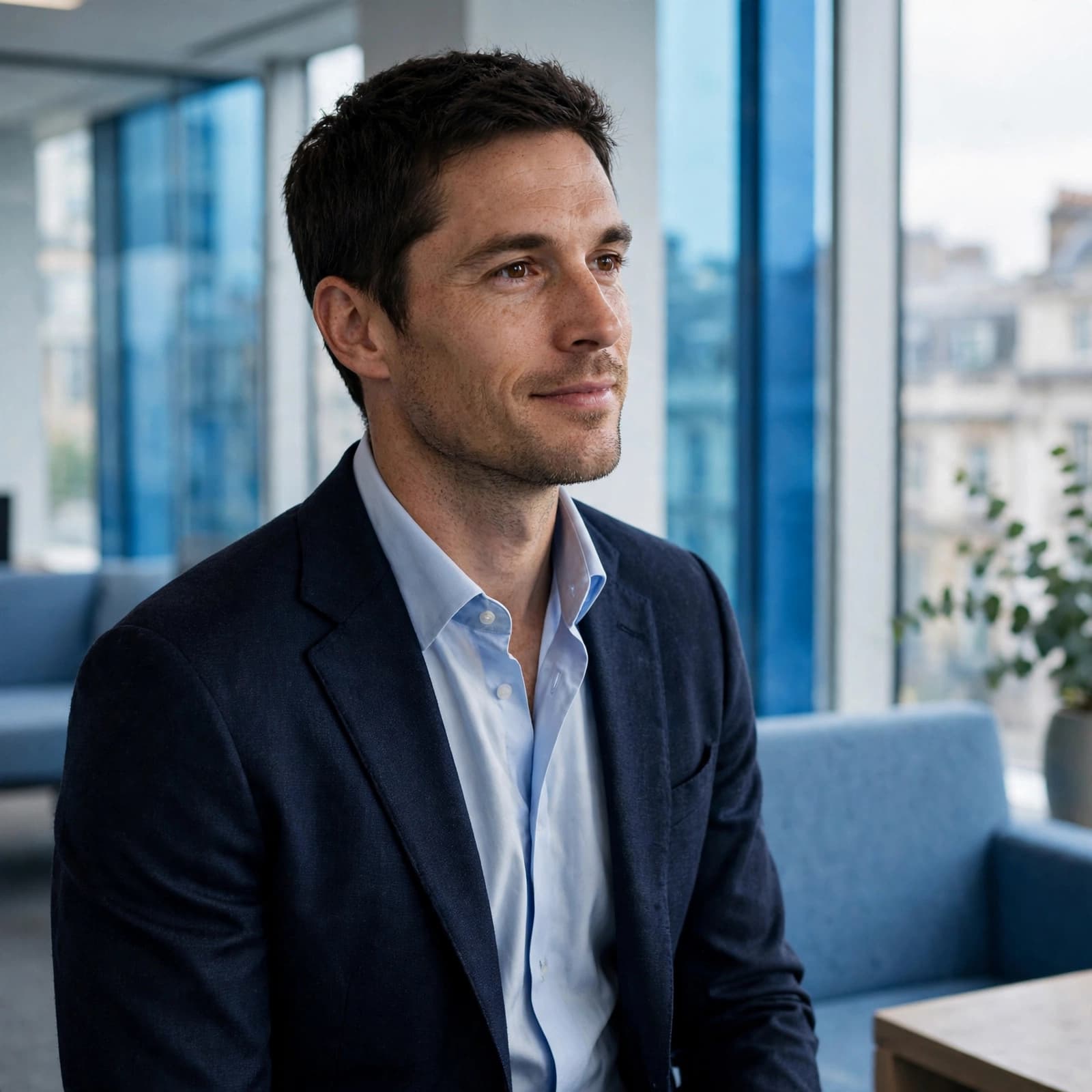 A relaxed man stands by a window in a modern office with blue accents.