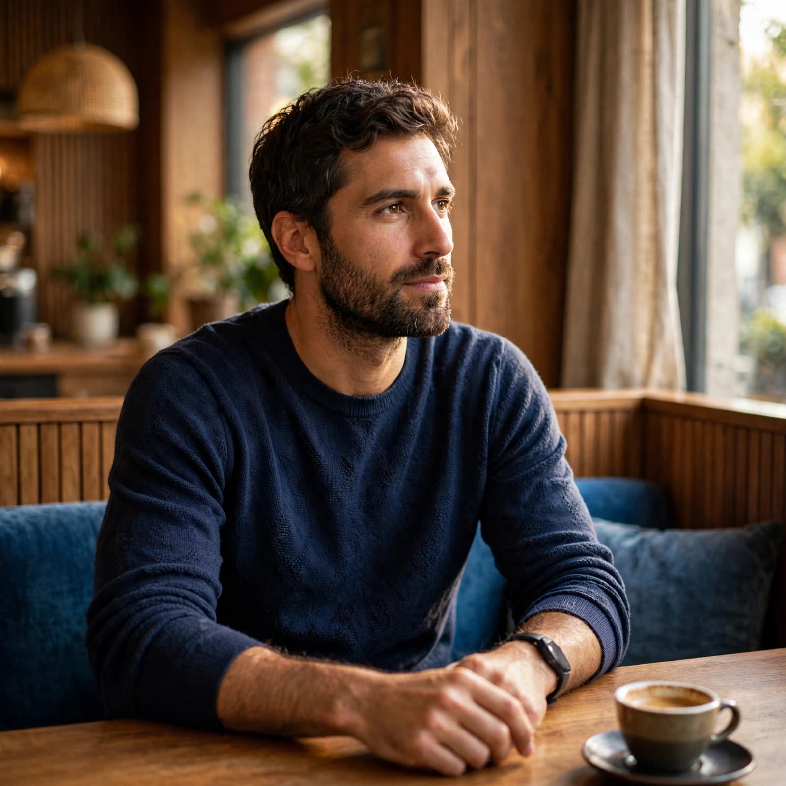 A relaxed man sits at a wooden cafe table with an espresso cup.