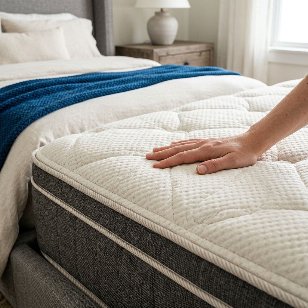 A hand rests on a quilted mattress beside a blue throw.