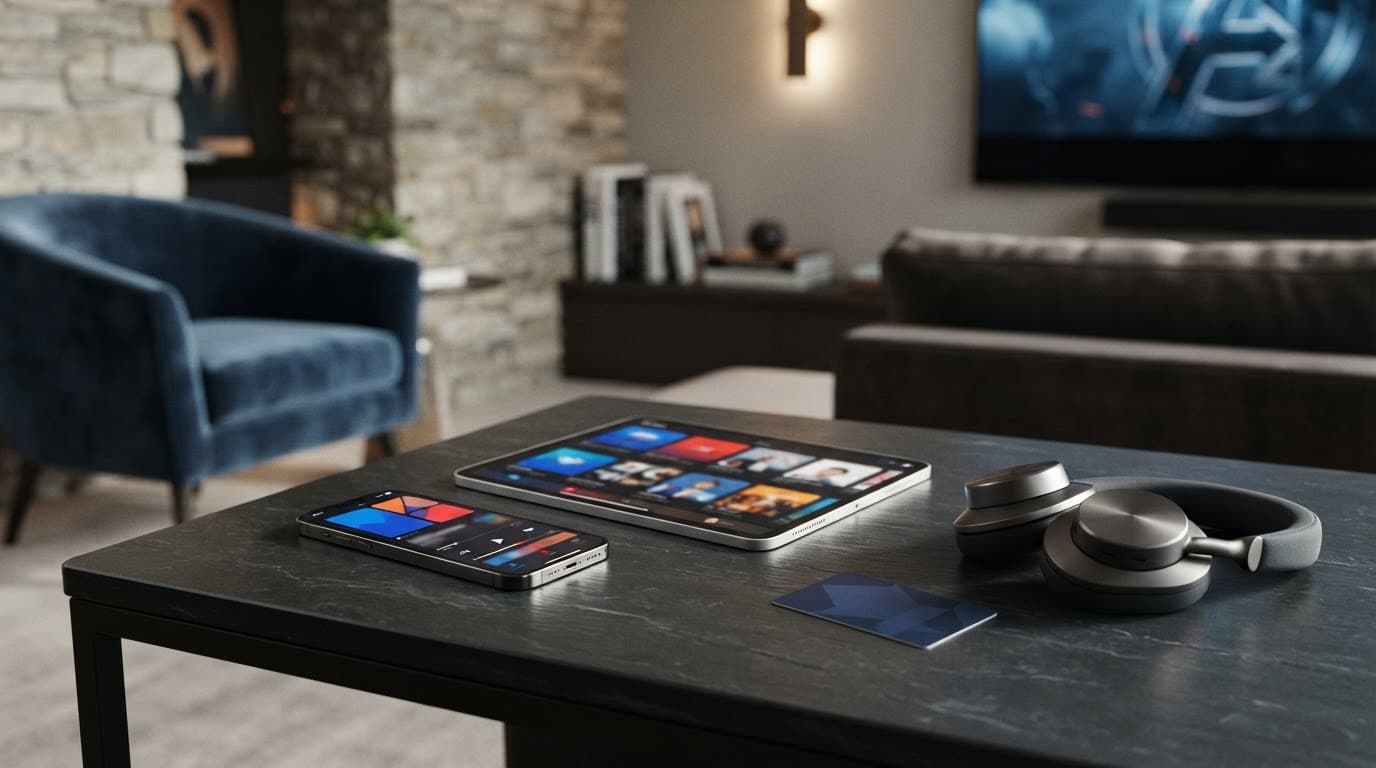 A smartphone and tablet beside a gift card and headphones on a dark stone table.
