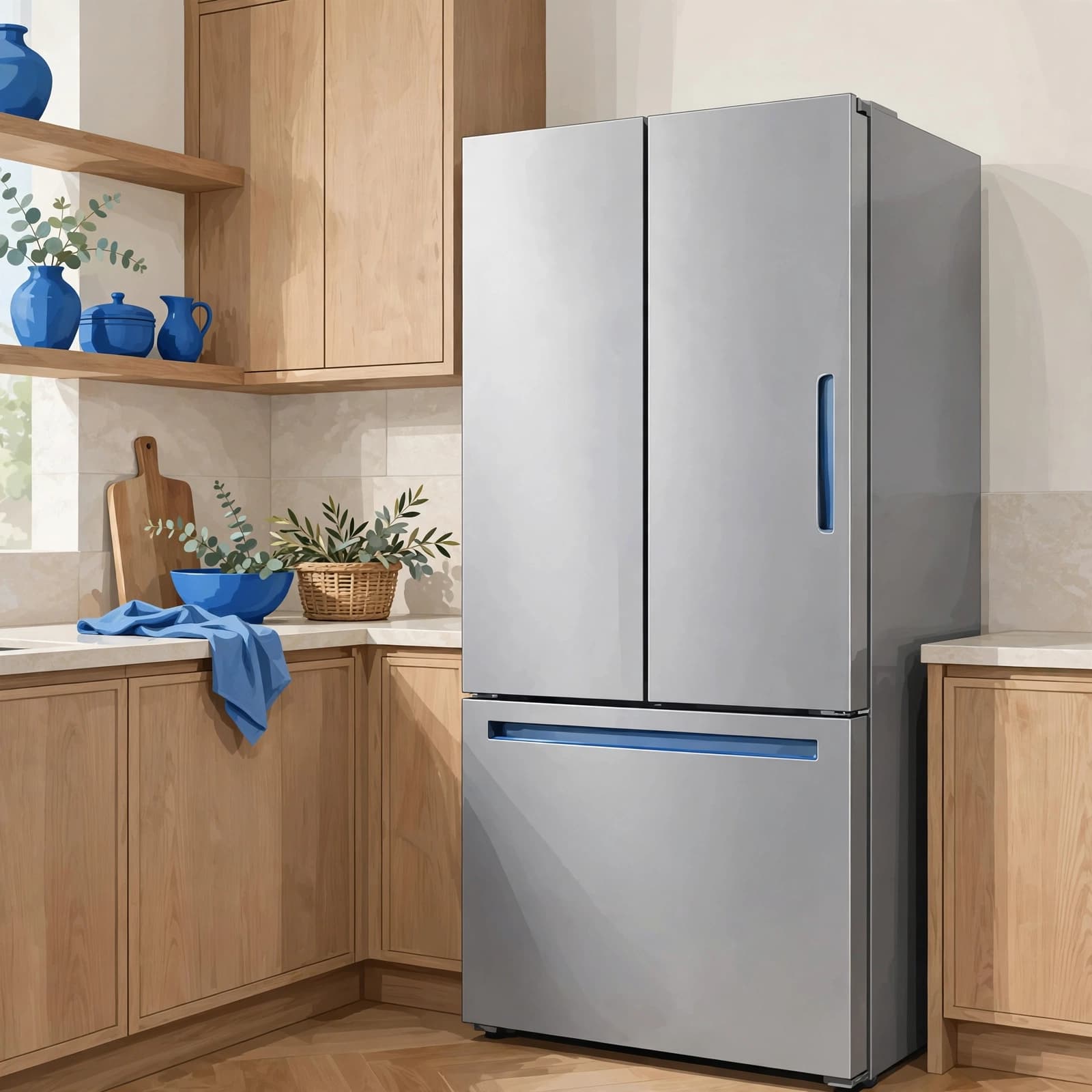 Samsung fridge review: what is worth paying for? 1 A modern silver fridge-freezer stands in a kitchen with wooden cabinets and blue decor.