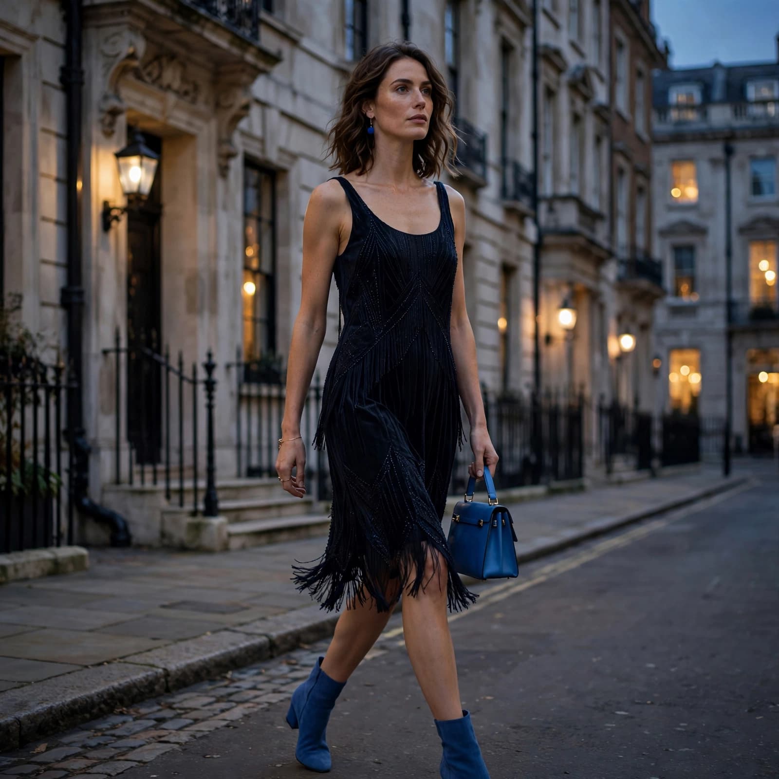 Flapper Dress Buying Guide: Fit, Quality and Value 2 A woman walks down a city street at dusk wearing a black fringed dress and blue boots.
