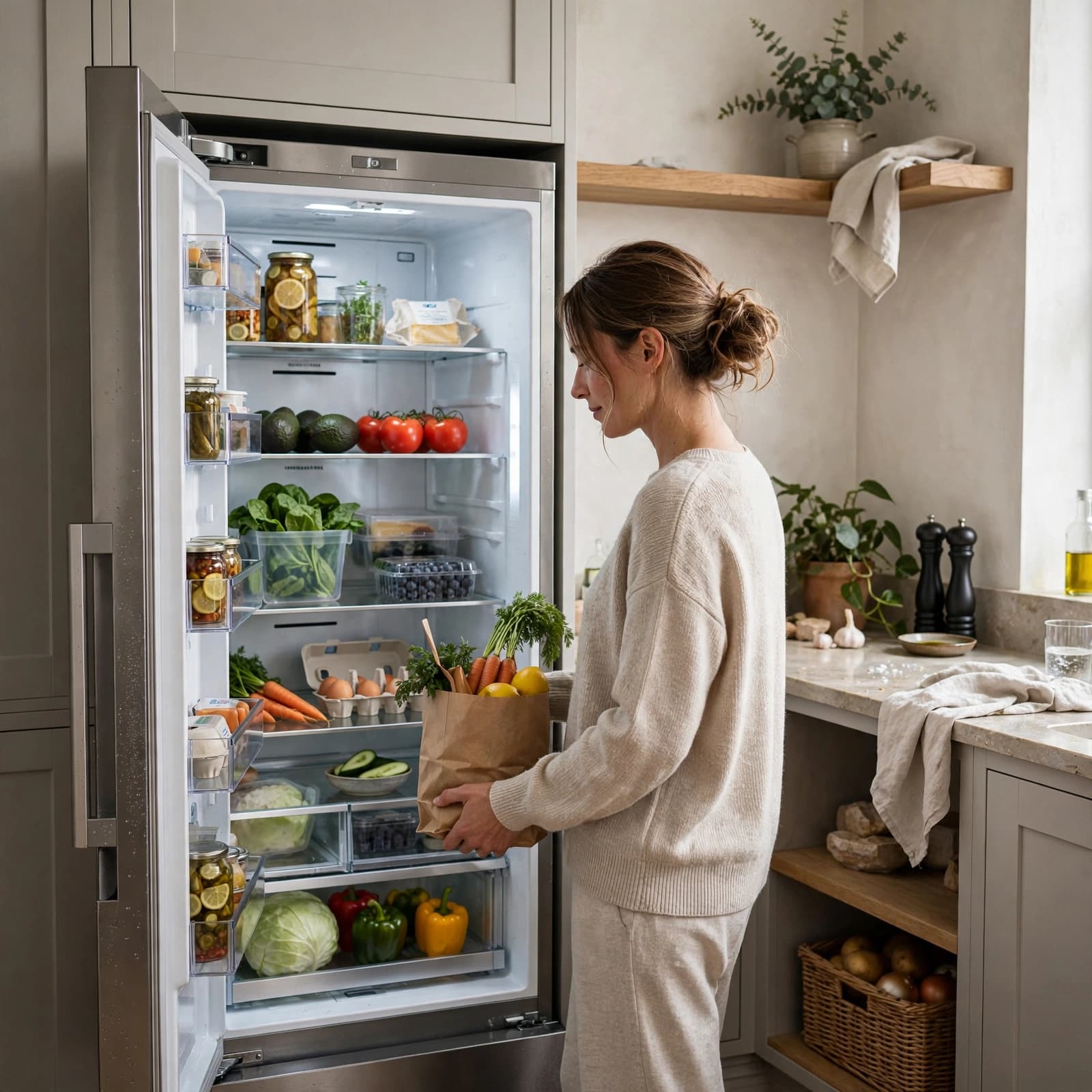 A woman holding a bag of groceries stands in front of an open refrigerator.
