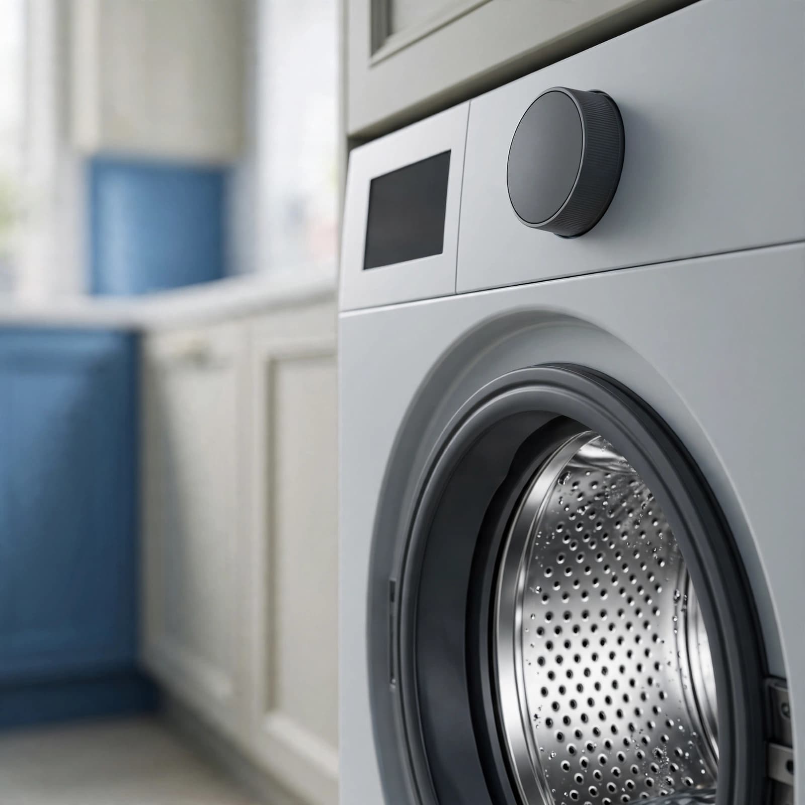 Close-up of a modern white washing machine with a control dial and stainless steel drum.