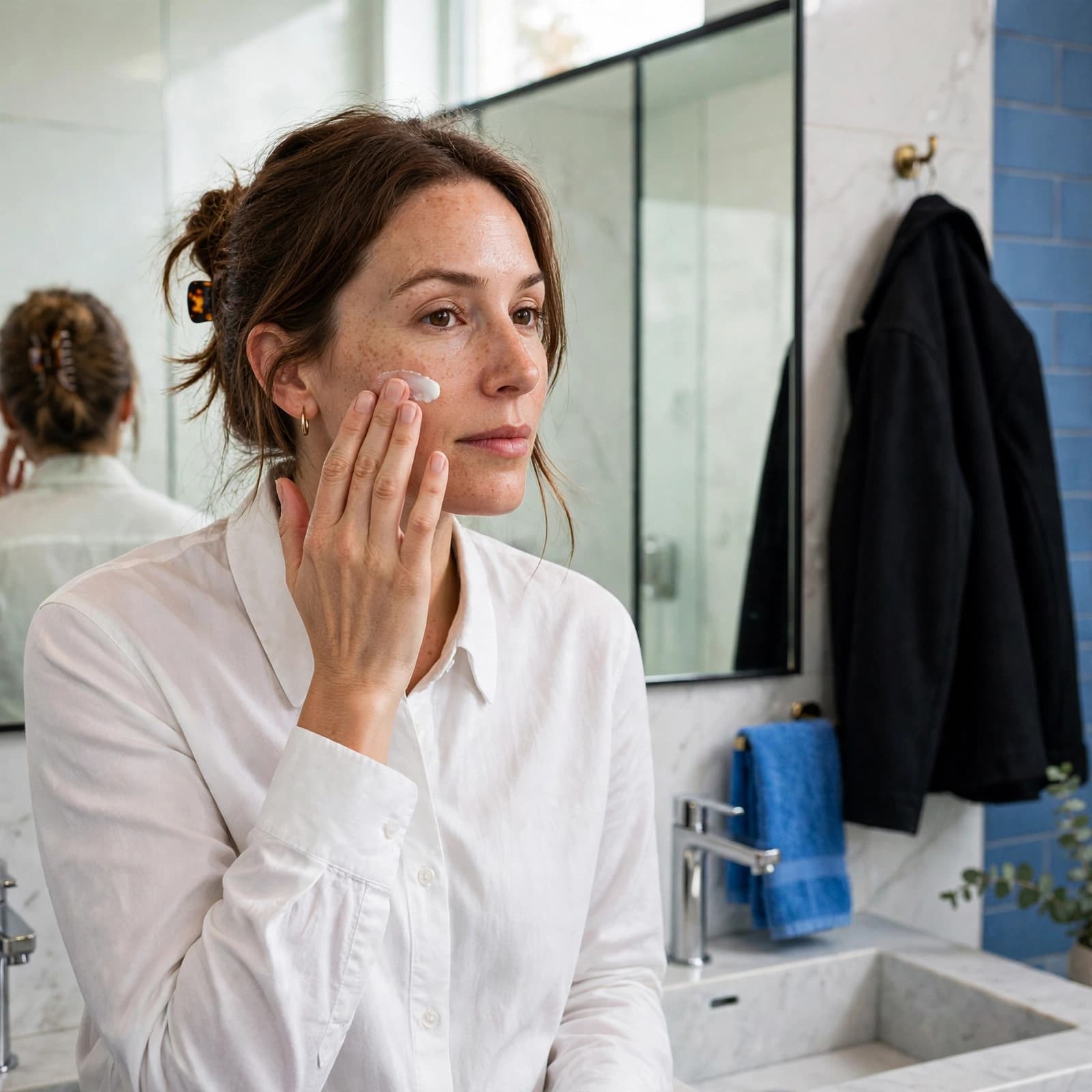 Moisturiser for Dry Skin: A Practical Buyer's Guide 1 A woman applies moisturiser to her cheek beside a washroom mirror before work.