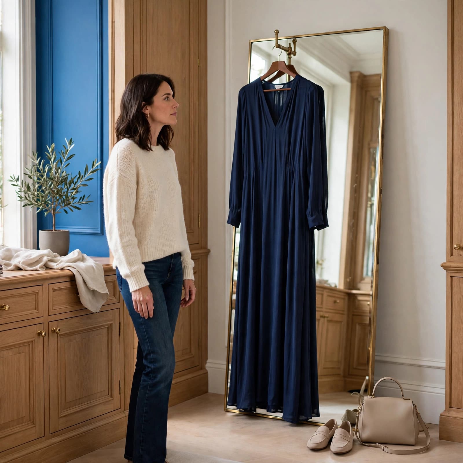 Long Dresses for Women: How to Choose Your Next Dress 3 A woman assesses a navy dress beside a mirror, shoes, and a handbag.