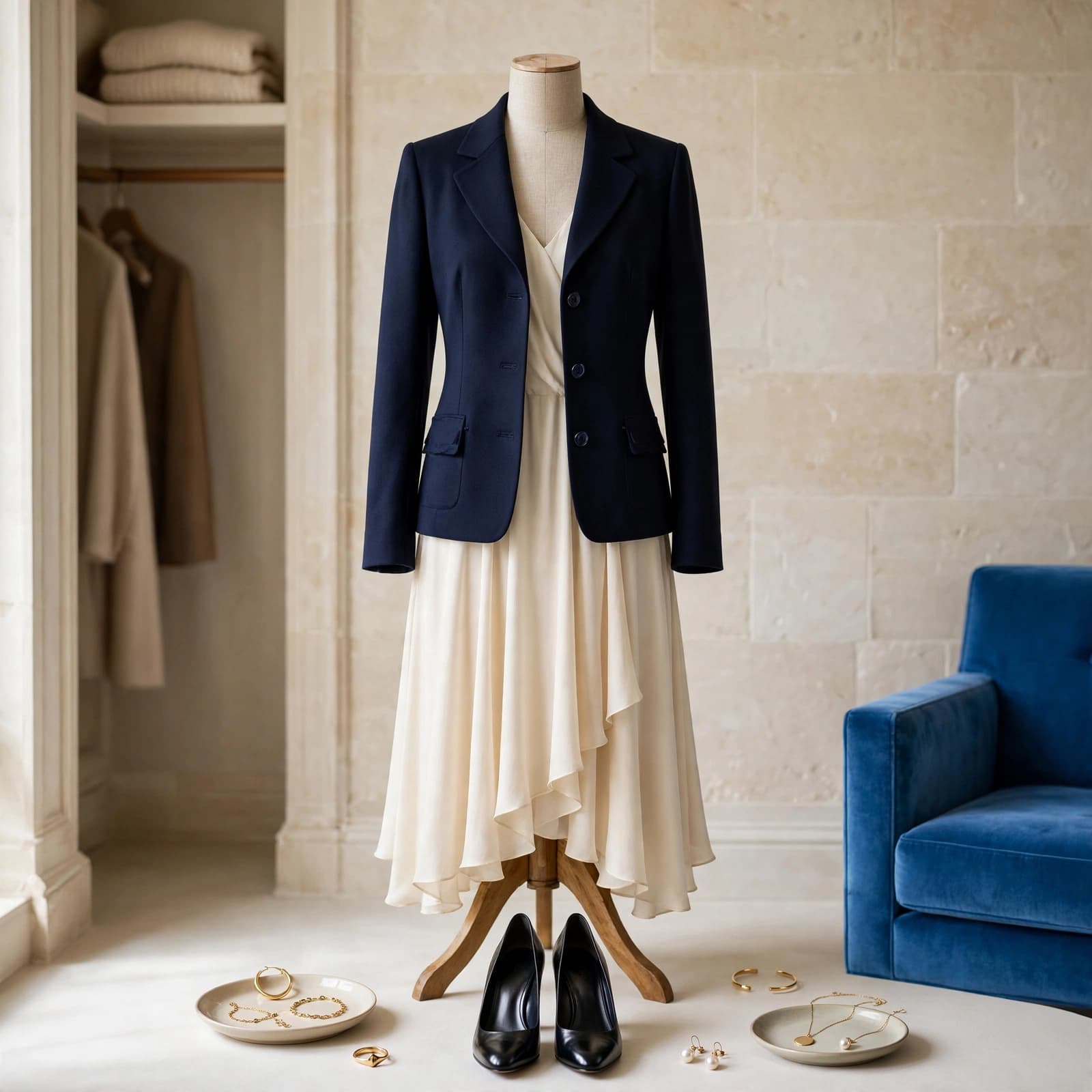 A navy jacket and cream dress displayed with jewelry and polished shoes.
