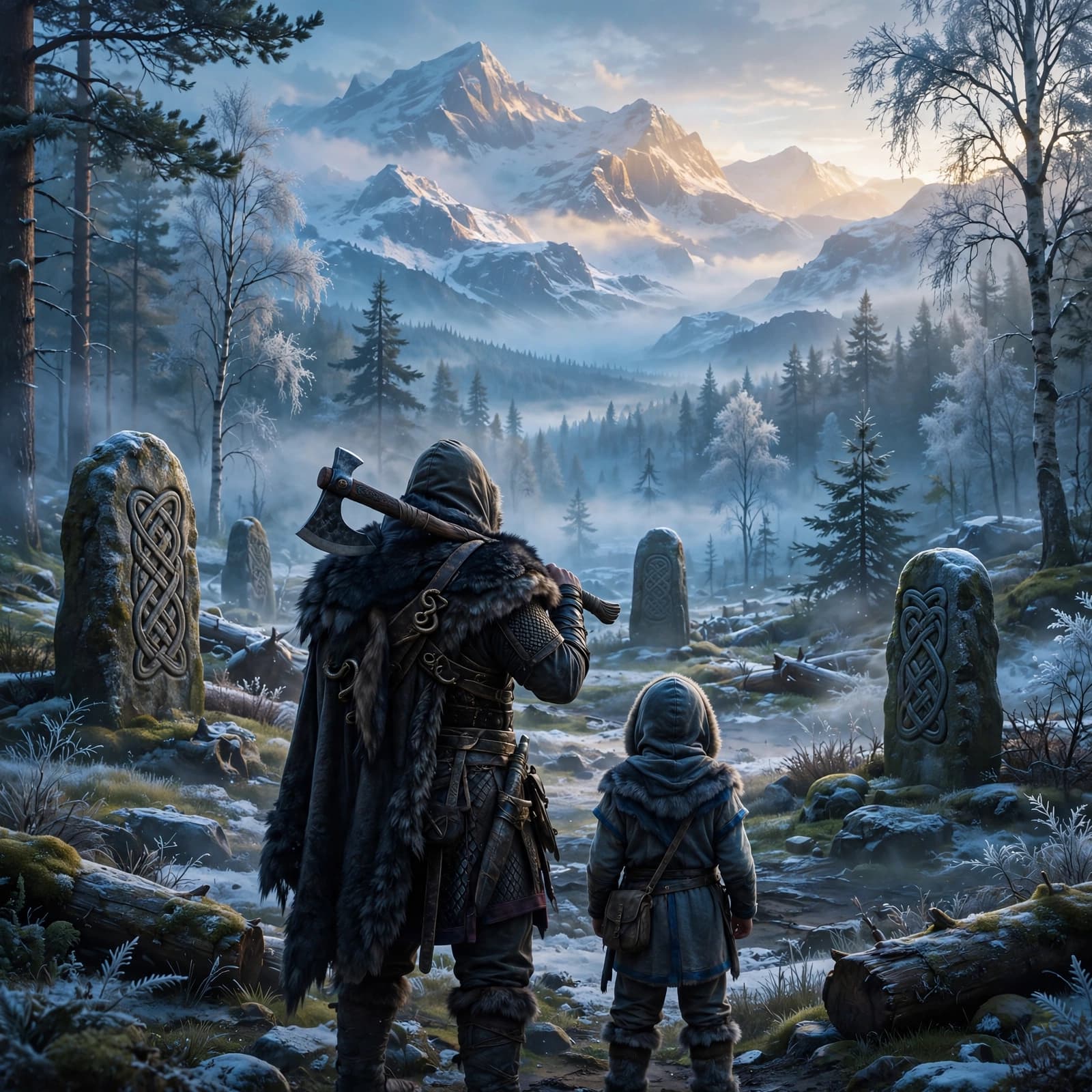 A warrior with an axe and a boy look toward snowy mountains from a misty clearing.