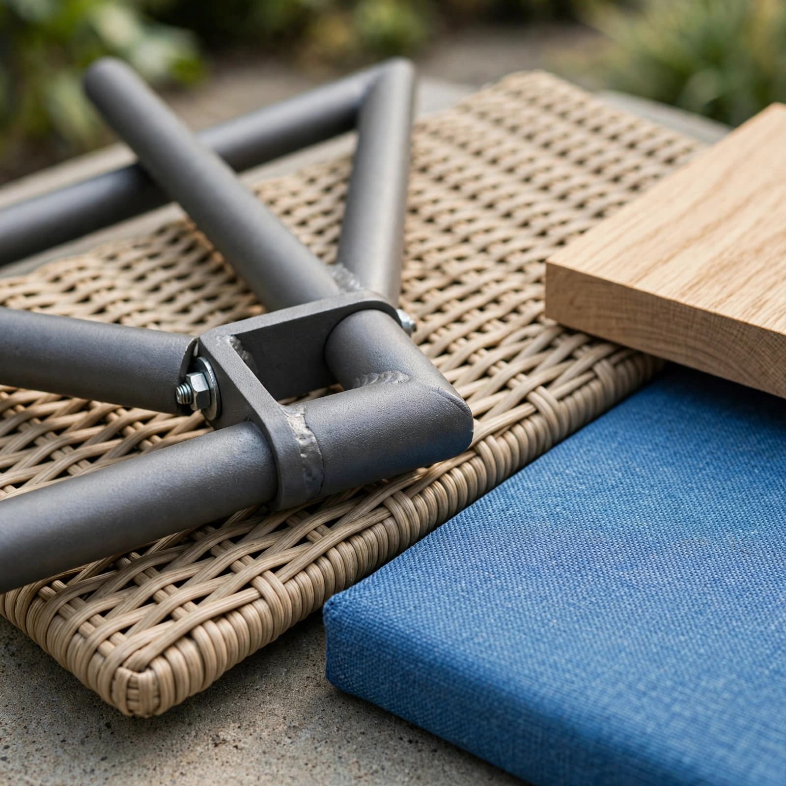 A metal chair joint, woven rattan, wood sample, and blue cushion fabric on a garden terrace.