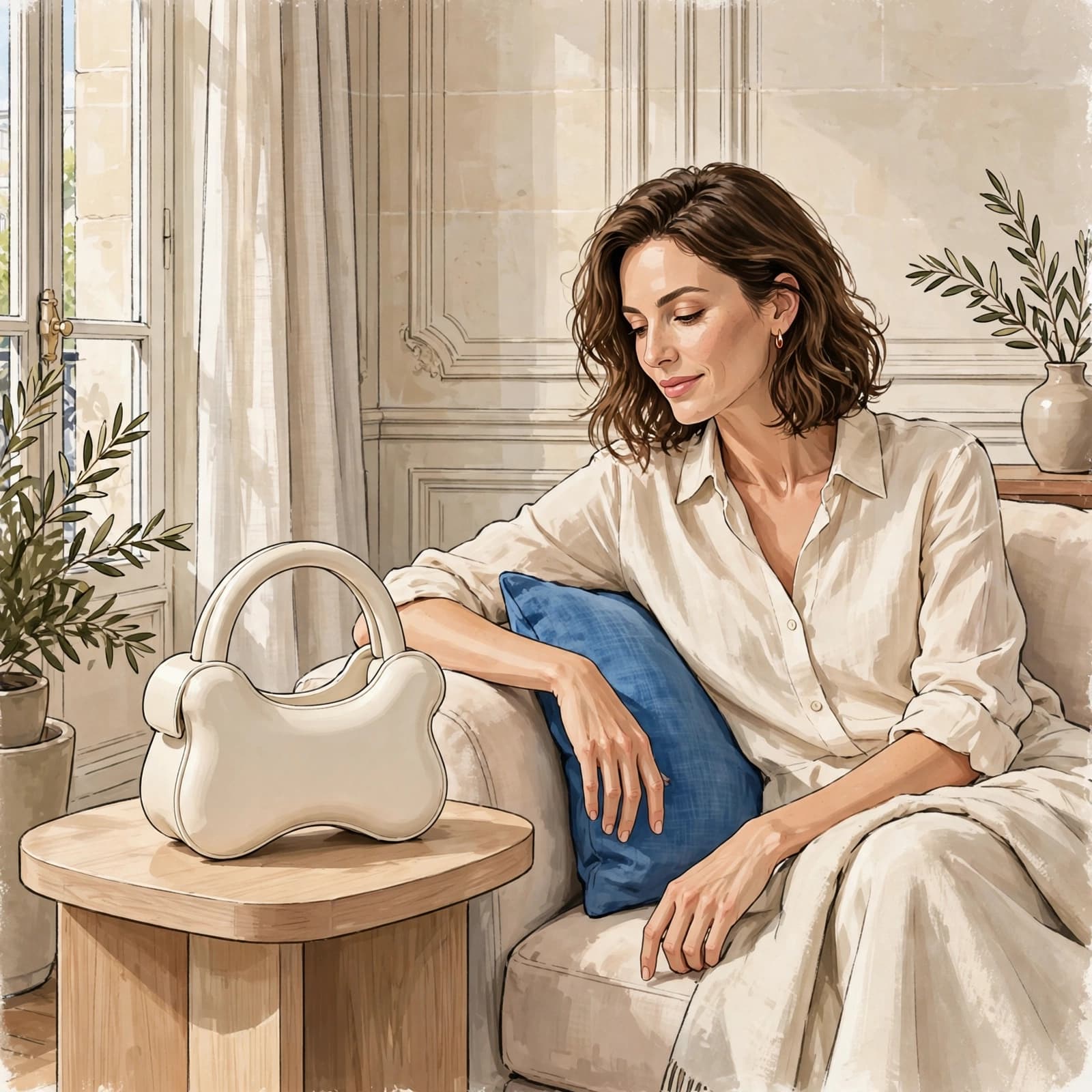 Jacquemus Bag Review: Is the Design Worth the Price? 1 An illustration of a woman seated on a sofa with a white handbag on a table beside her.