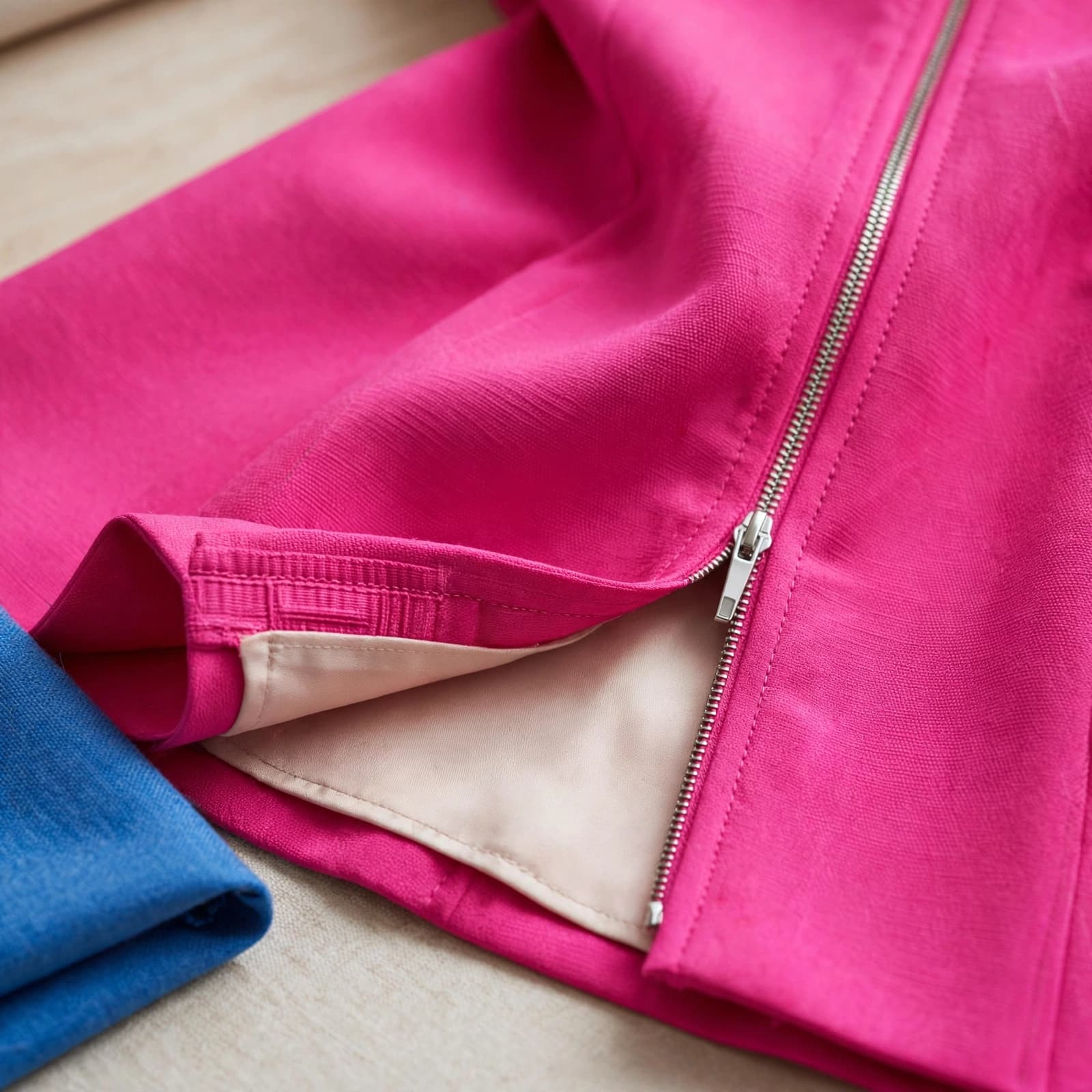 A close-up of a hot pink dress showing its zipper, lining, and blue fabric swatch.