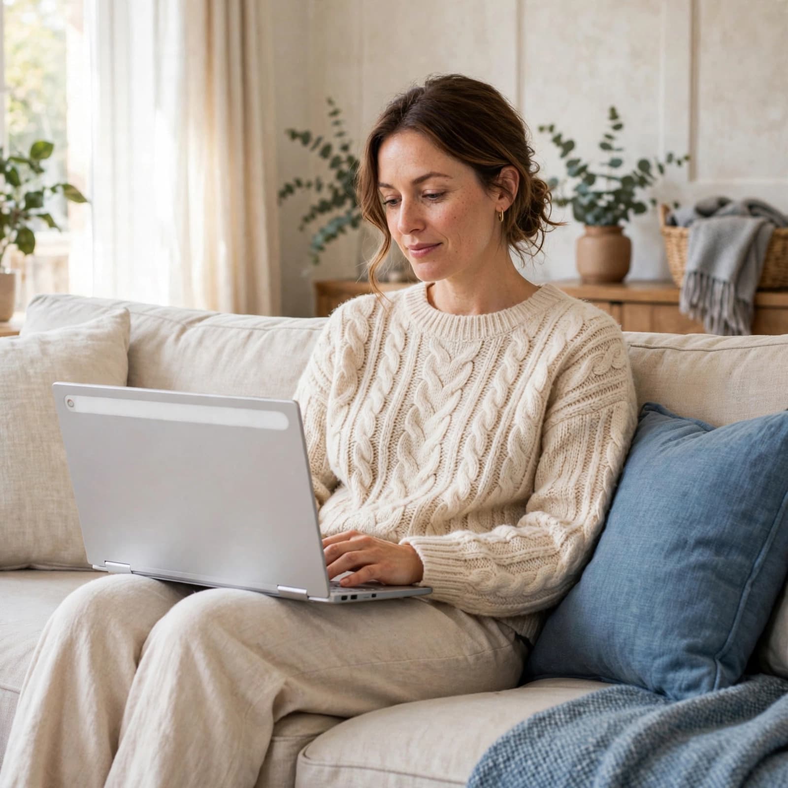 Google Pixelbook Review: Is It Worth Buying Used? 1 A woman using a silver laptop on a sofa at home.