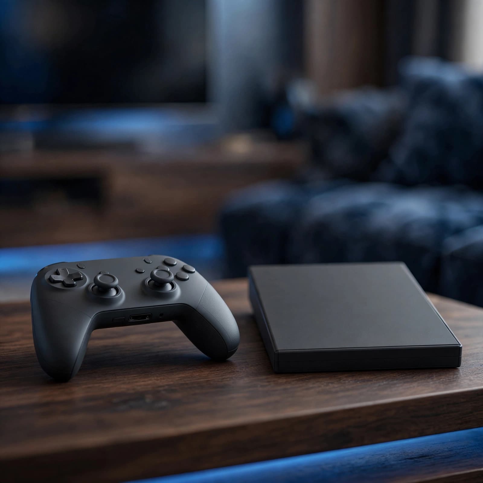 A premium game controller sits beside a closed, plain game case on dark timber.