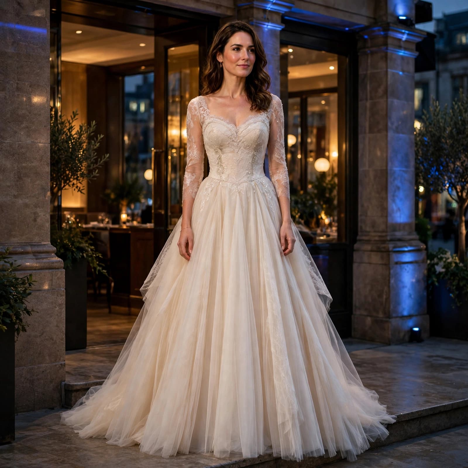 Princess Dress Buying Guide: Fit, Fabric and Value 1 A woman in a white princess-style dress standing outside a restaurant entrance.