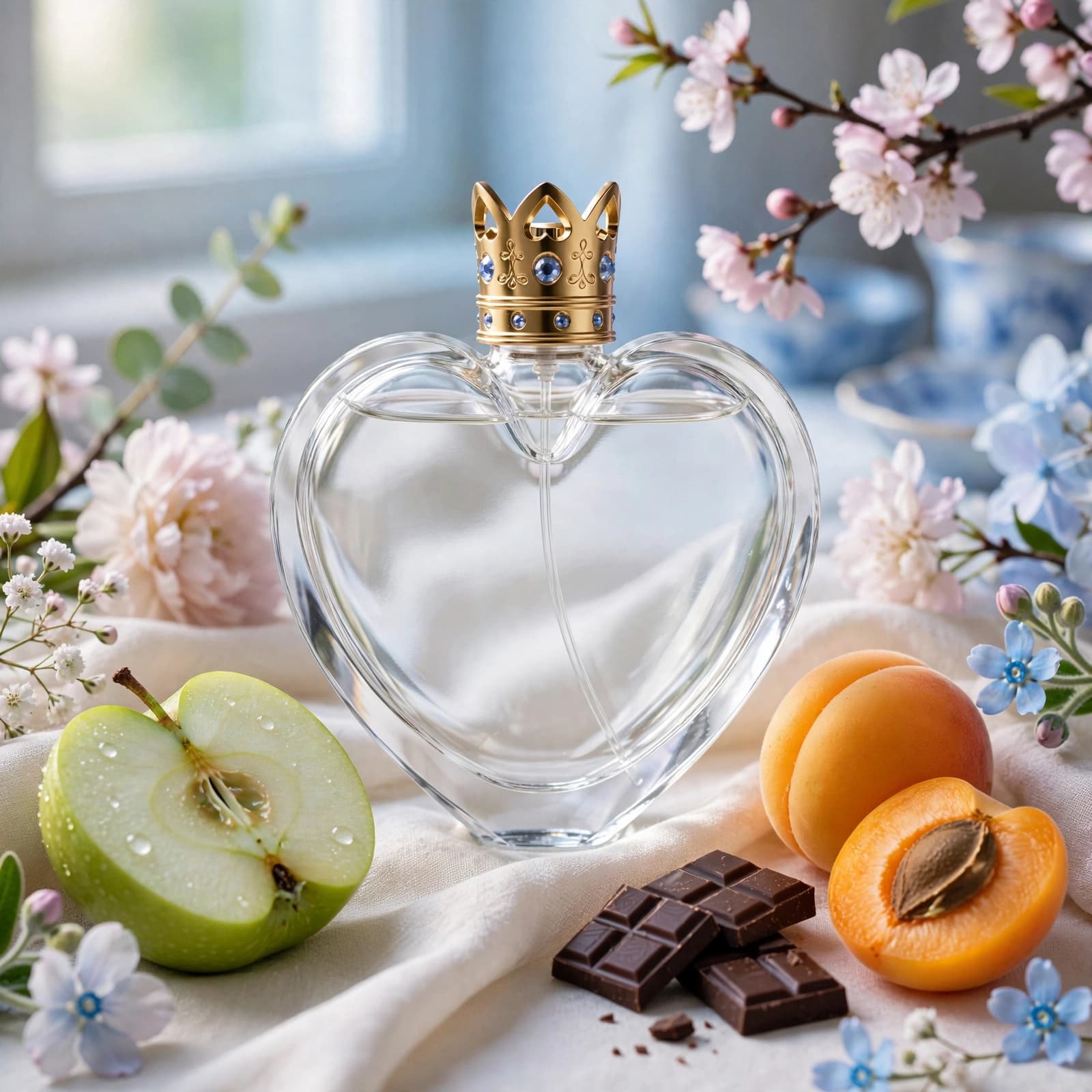 A heart-shaped perfume bottle surrounded by flowers, fruit, chocolate, and soft fabric.