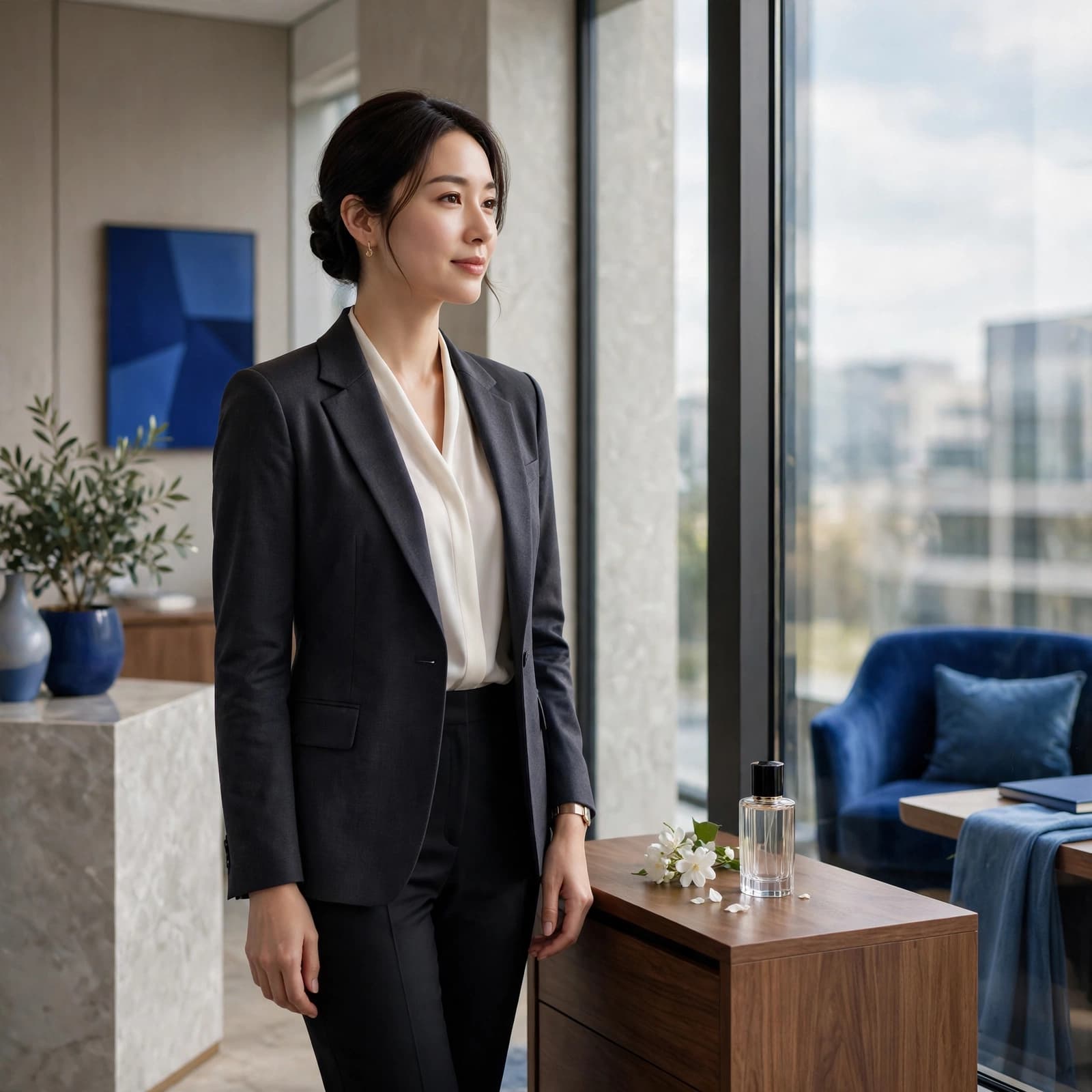 A woman stands by an office window near a small perfume bottle.
