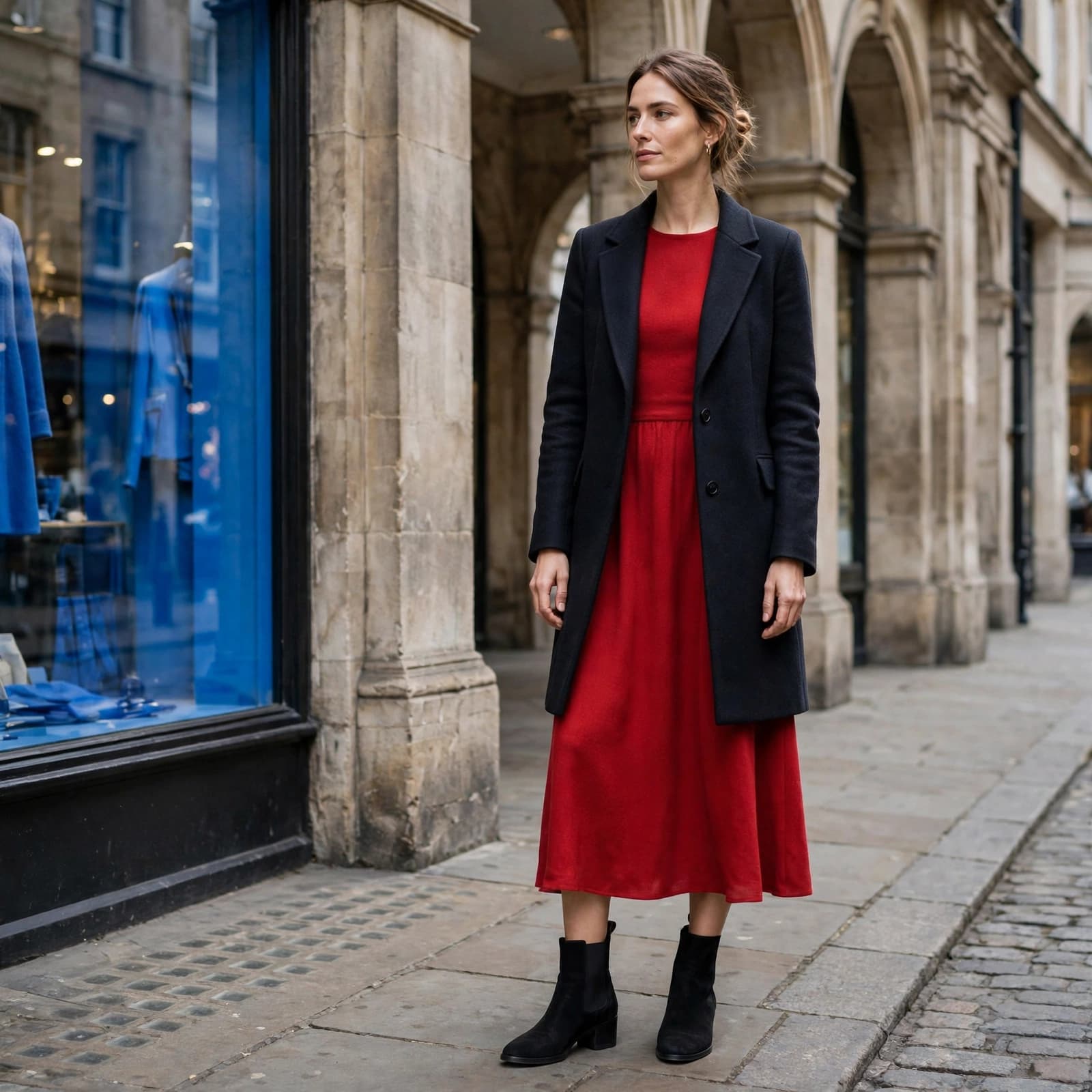 A woman in a red dress and black coat poses in a city street.