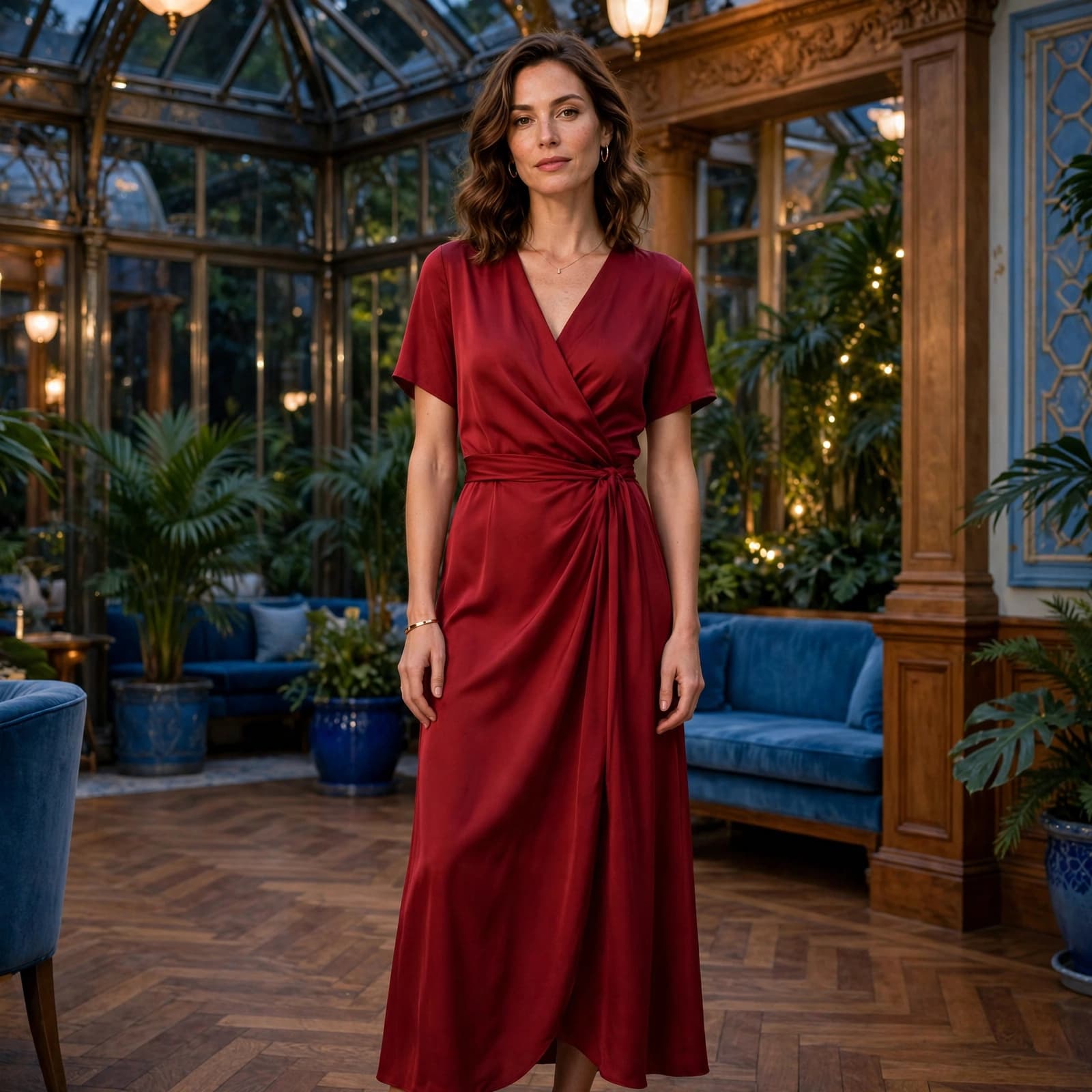 A woman in a red wrap dress stands in a hotel conservatory with blue decor.