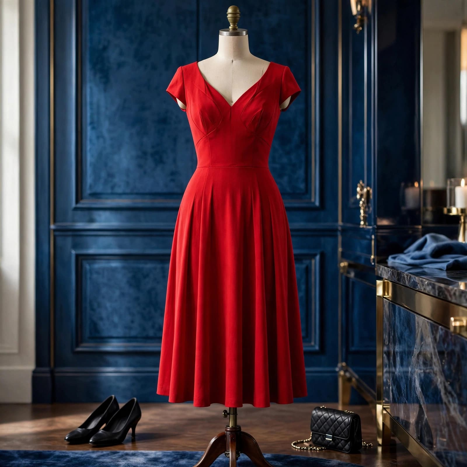 A red midi dress on a dress form with black shoes and a handbag.