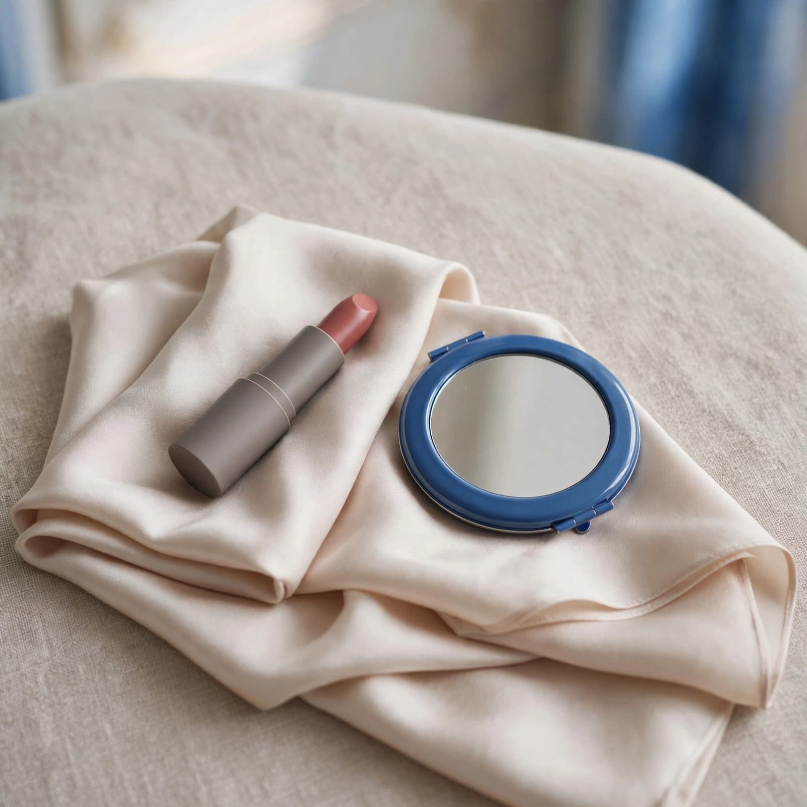 A rose lipstick, compact mirror, and folded silk arranged on a dressing table.