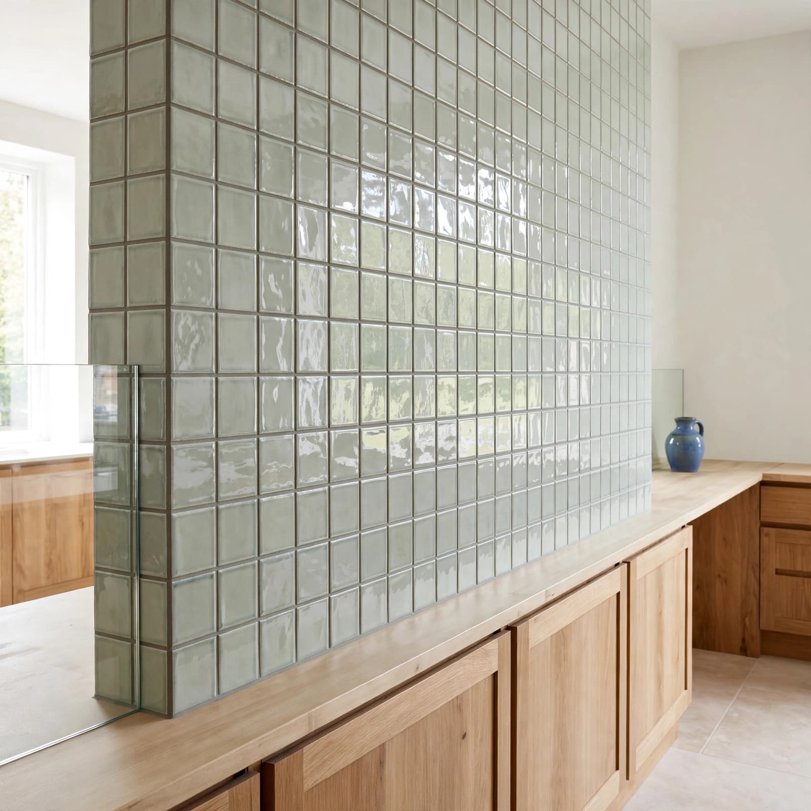 Kitchen Tiles: A Buyer's Guide to Floors and Walls 7 A modern kitchen with glossy pale sage square tiles and wooden cabinetry.