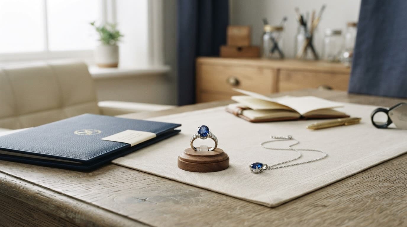 September Birthstone: A UK Guide to Buying Sapphire Jewellery & Gift Ideas 7 A blue ring and pendant beside a gemmological report folder on a jeweller's desk.