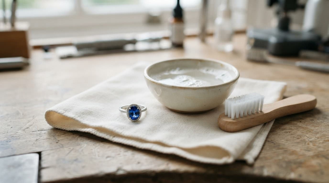 September Birthstone: A UK Guide to Buying Sapphire Jewellery & Gift Ideas 6 Blue ring beside soapy water, a soft cloth, and a jewellery brush.