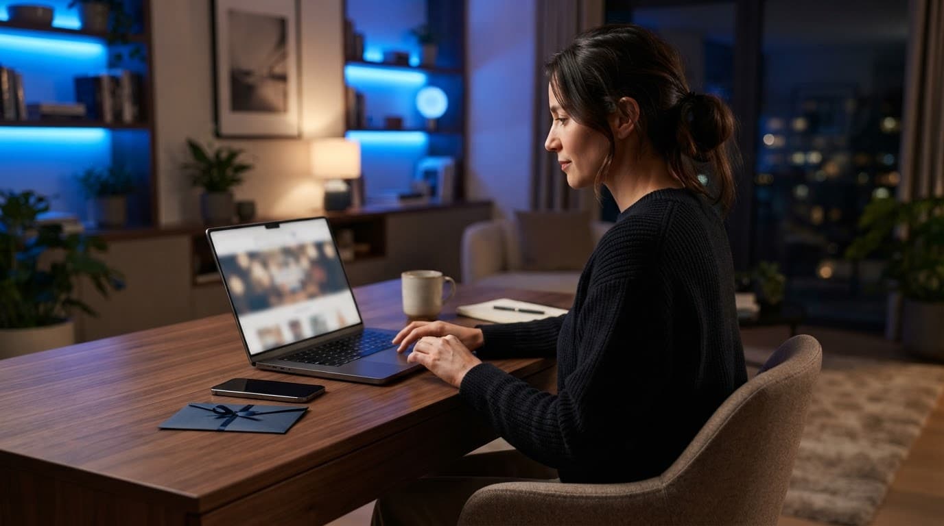Adult reviewing a laptop beside a phone and gift card envelope in a blue-lit home office.