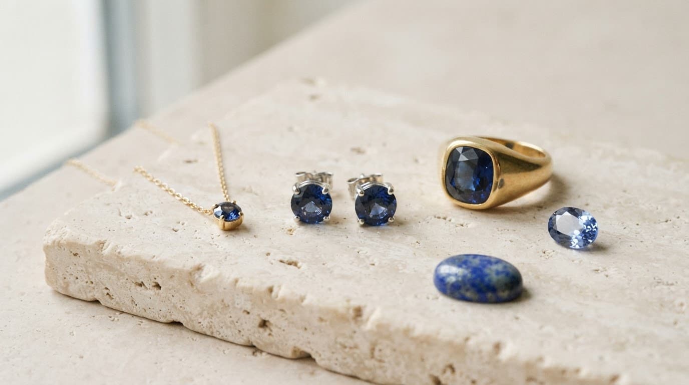 September Birthstone: A UK Guide to Buying Sapphire Jewellery & Gift Ideas 5 Three gift options displayed with lapis lazuli and a loose lab-grown stone.
