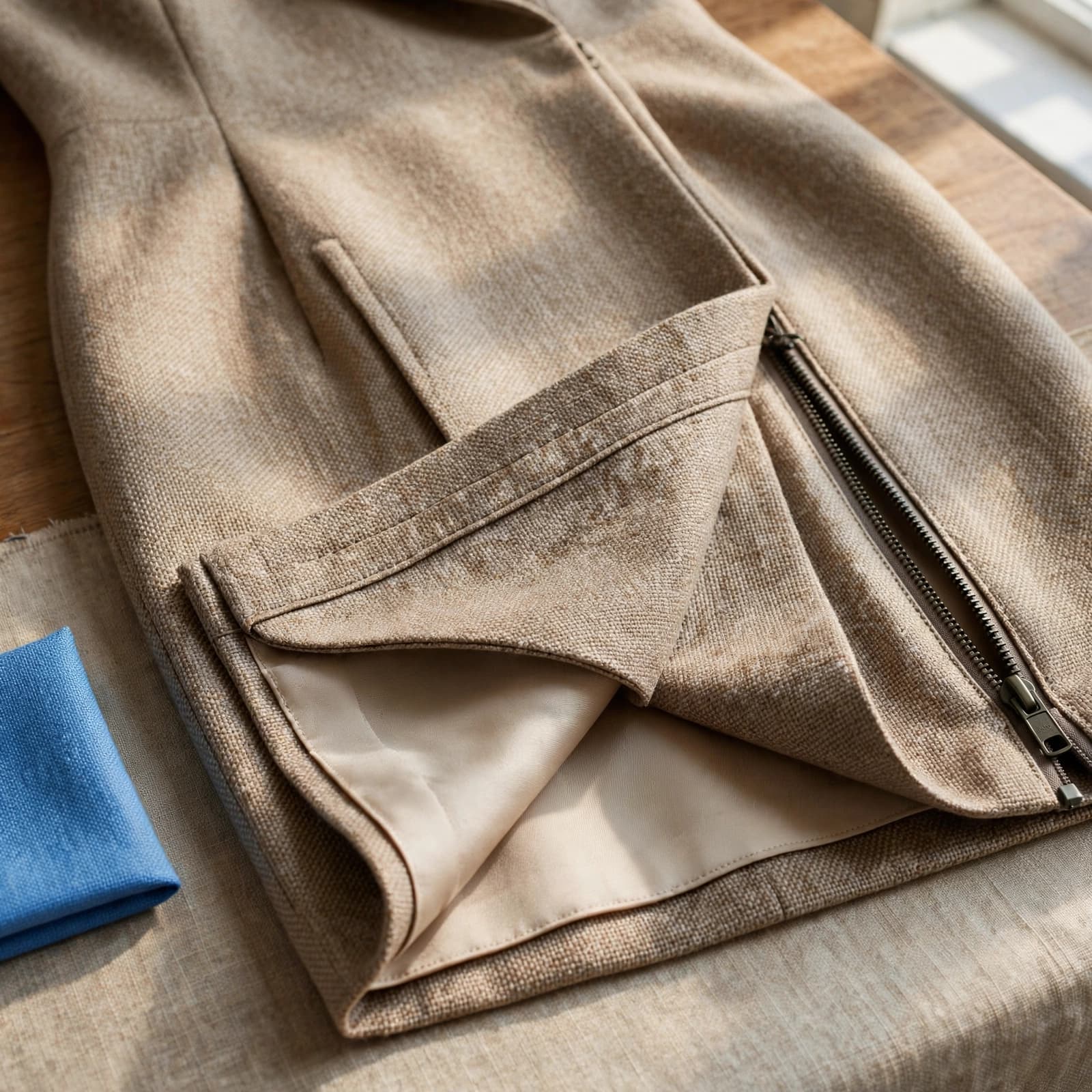 A sheath dress displays its woven fabric, finished seams, lining, and zipper beside a blue swatch.