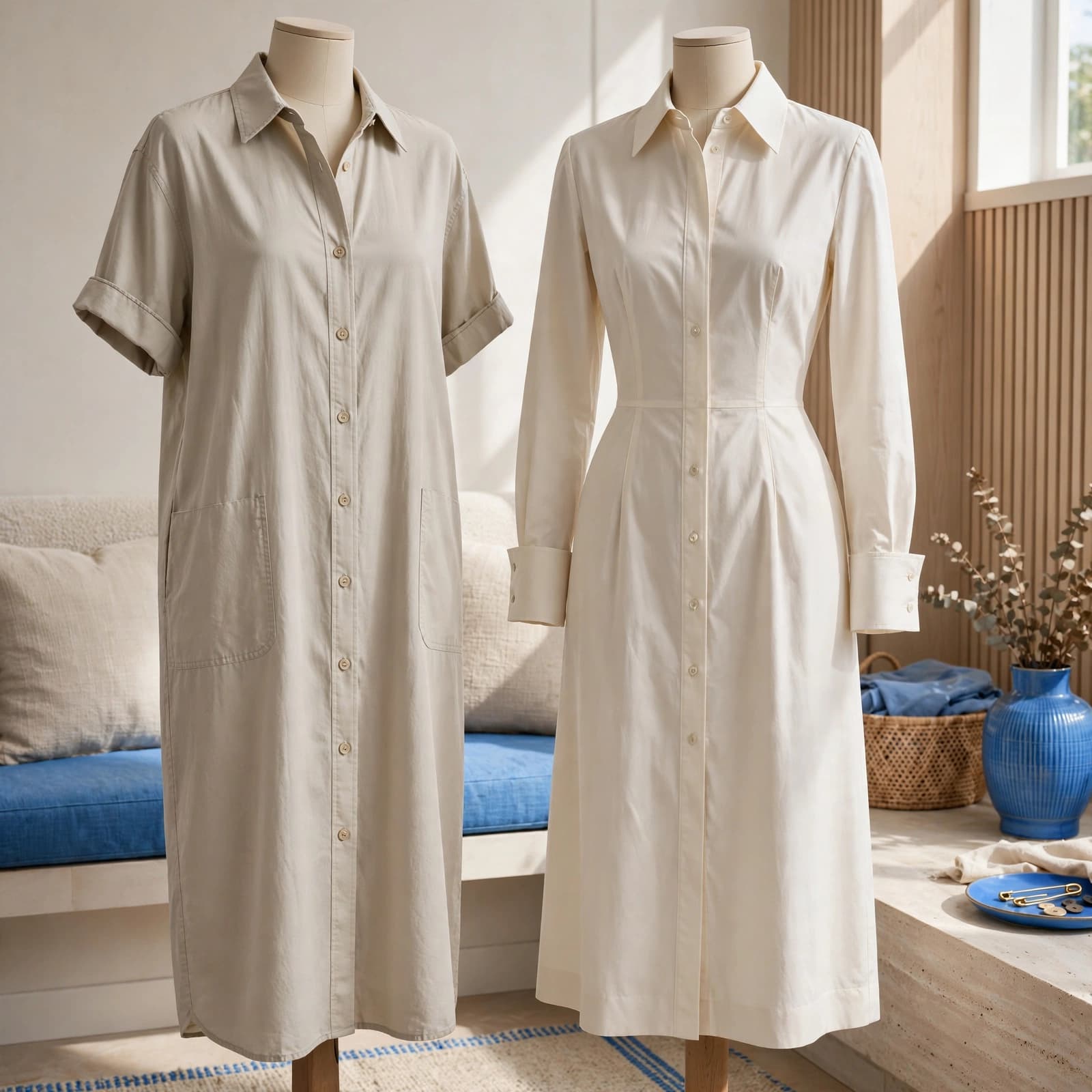 Shirt Dress Buying Guide: Fit, Fabric and Value 2 Two beige shirt dresses displayed on dress forms in a bright boutique room.