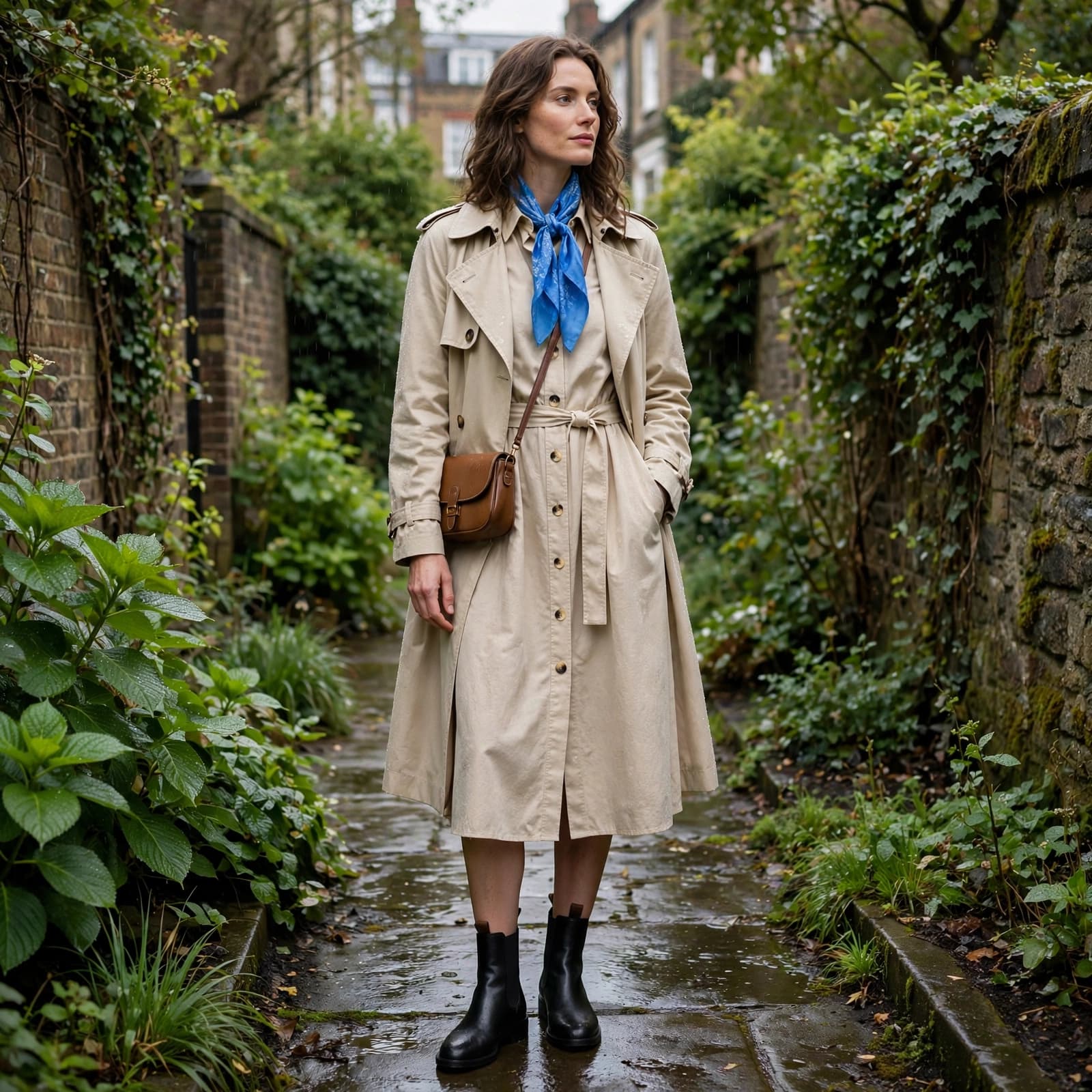 Shirt Dress Buying Guide: Fit, Fabric and Value 3 A woman in a trench coat and blue scarf stands on a wet garden path.