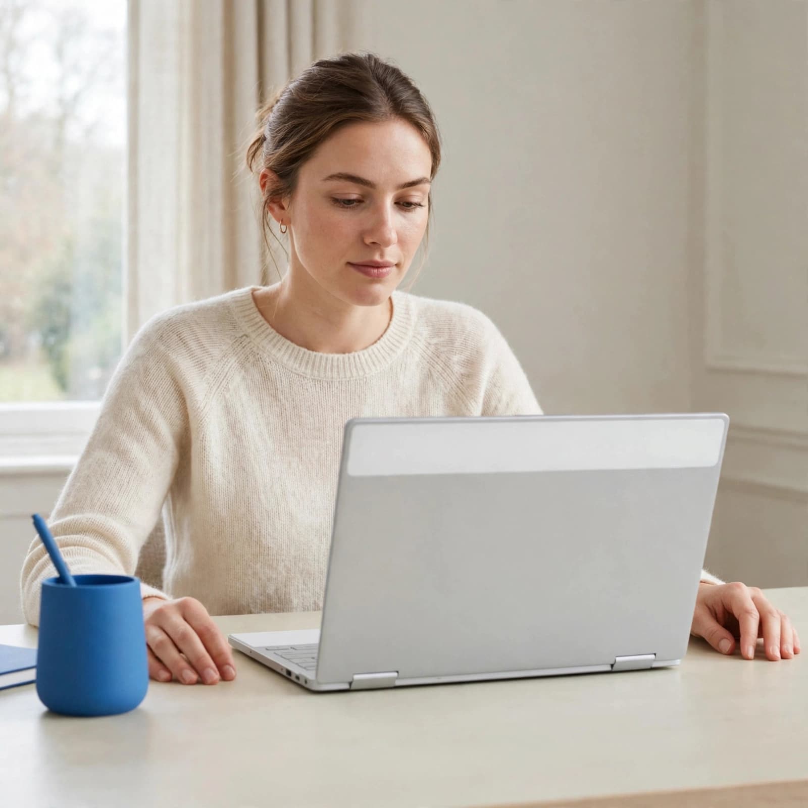 Google Pixelbook Review: Is It Worth Buying Used? 3 A woman using a silver laptop at a desk with a blue cup.