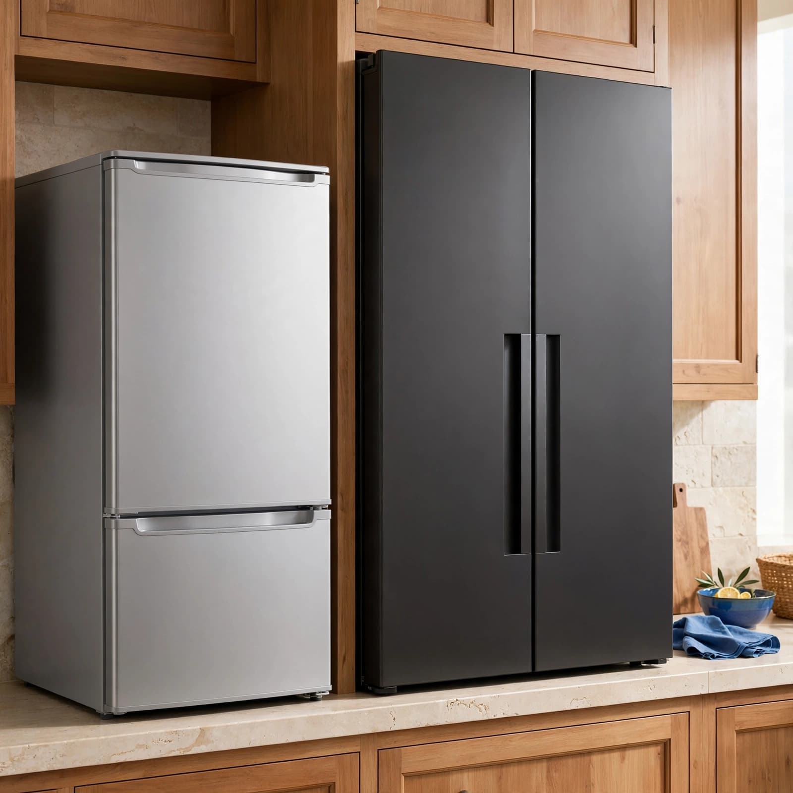 Currys Fridge Freezer Review: Is It Worth Buying? 2 A silver compact fridge and a large dark refrigerator stand side by side in a kitchen.