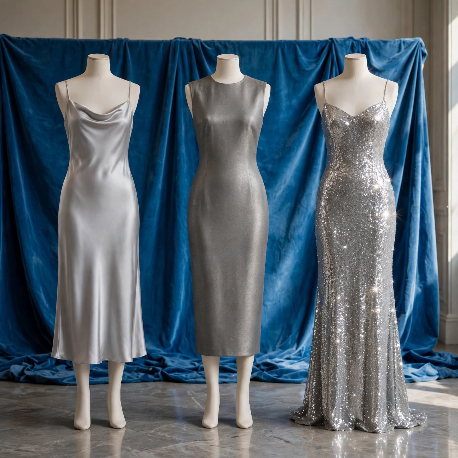 Silver Dress Buying Guide: Fit, Fabric and Value 1 Three silver dresses in satin, metallic fabric, and sequins stand against a blue drape.