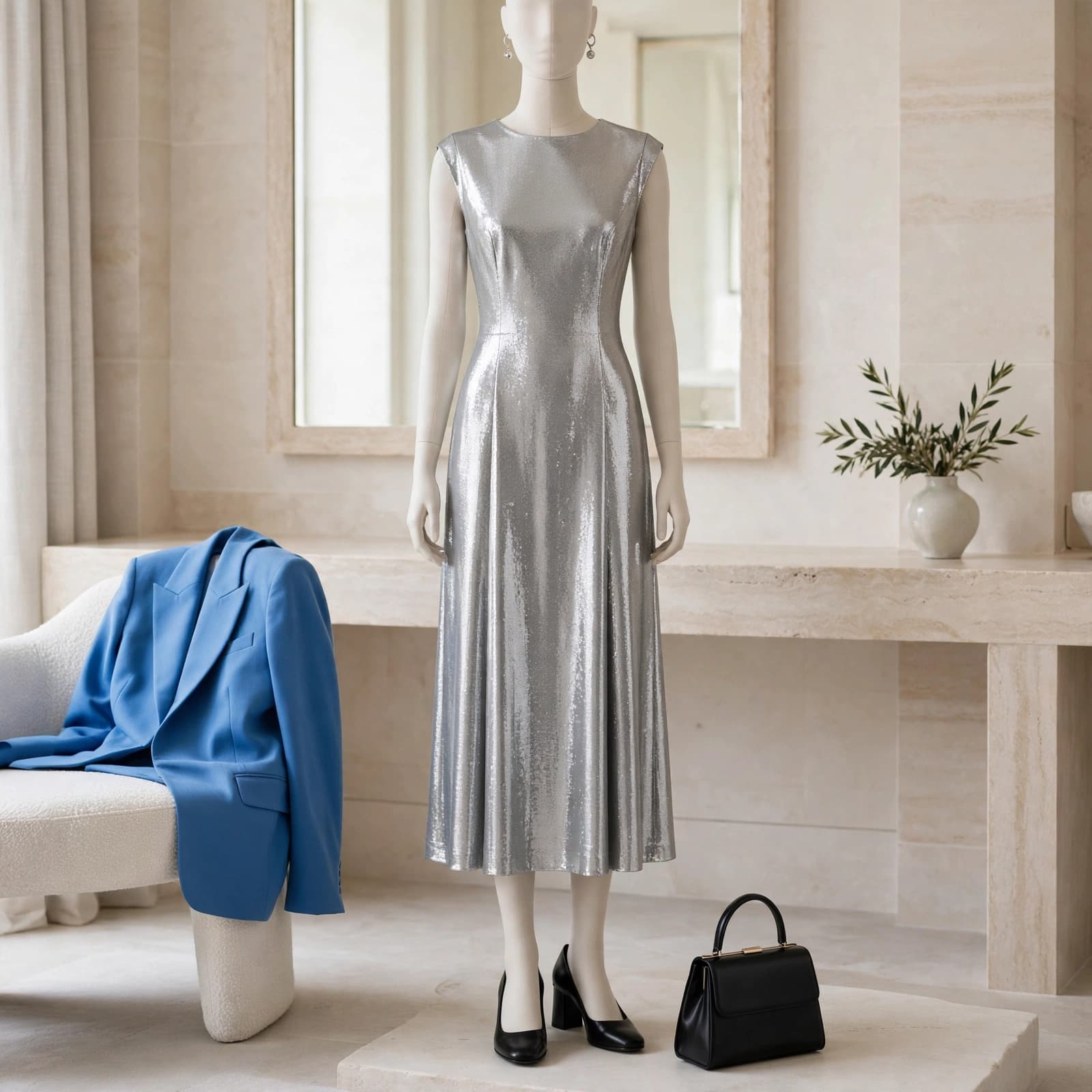 Silver Dress Buying Guide: Fit, Fabric and Value 3 A mannequin displays a silver dress with black heels, a small bag, earrings, and a blue jacket.