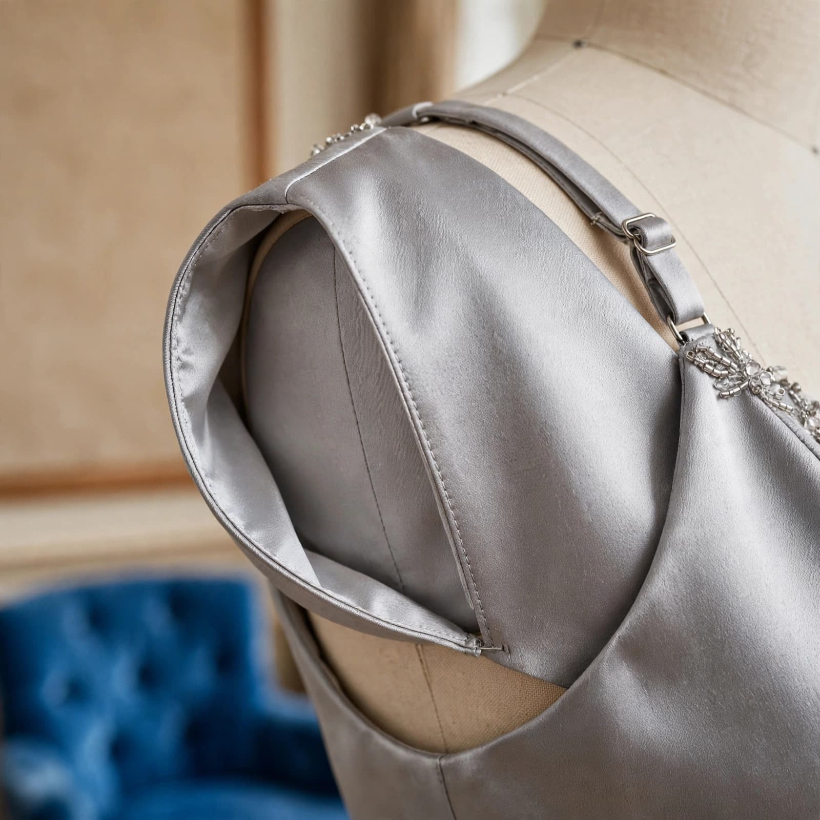 Silver Dress Buying Guide: Fit, Fabric and Value 2 A silver satin dress on a form shows neat seams and an adjustable strap beside a blue chair.