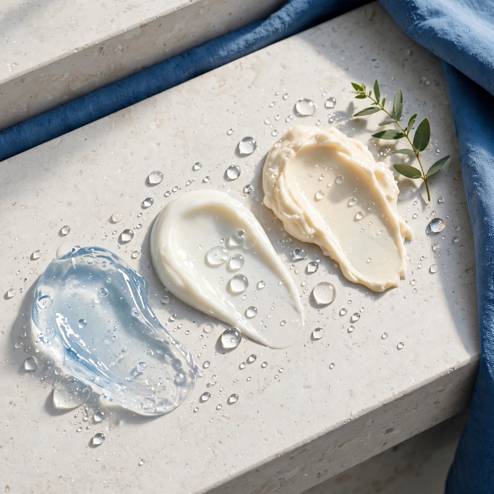 Gel, lotion, and cream samples sit on pale stone beside leaves and water droplets.