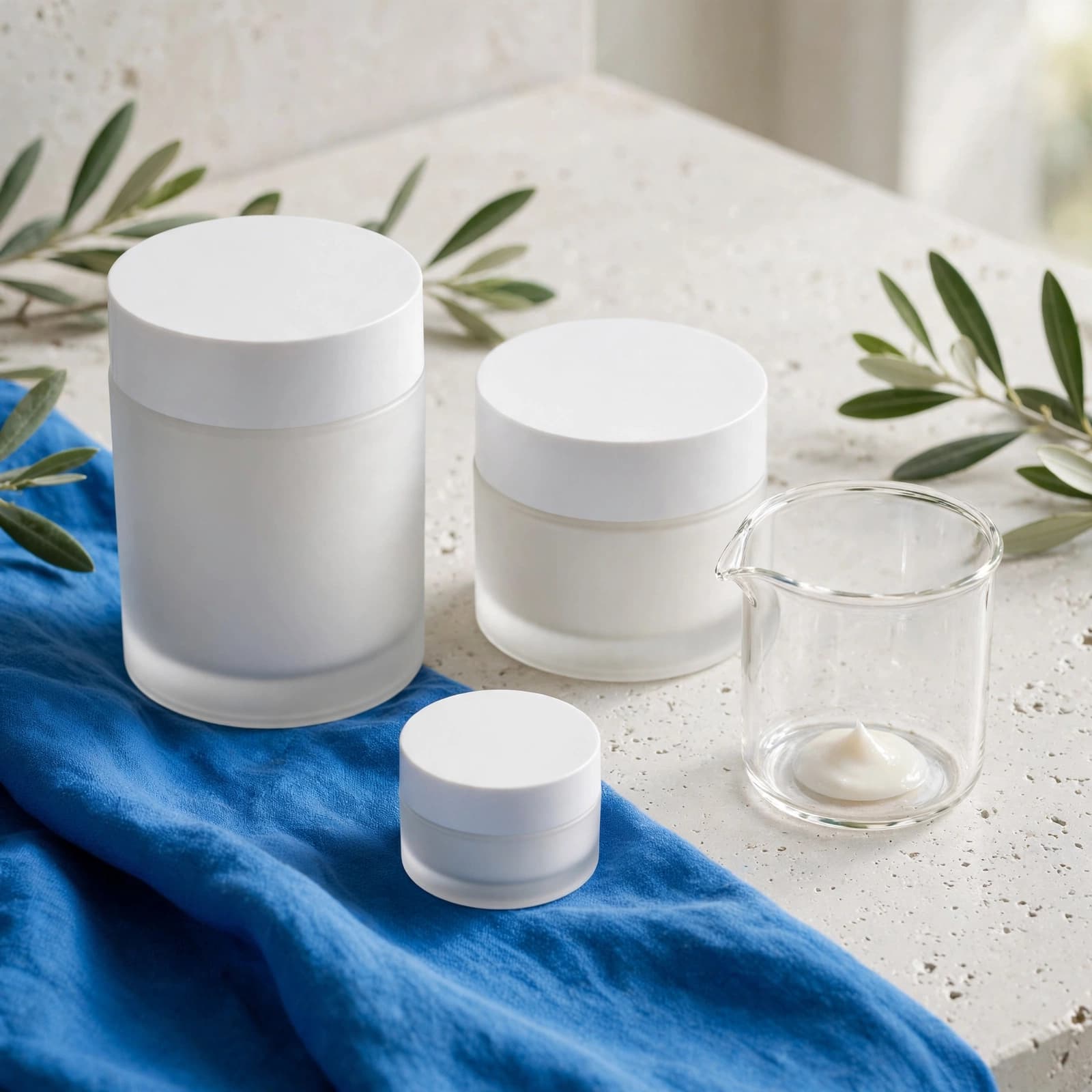 Two moisturiser containers, a travel pot, and a glass vessel arranged on a stone table.