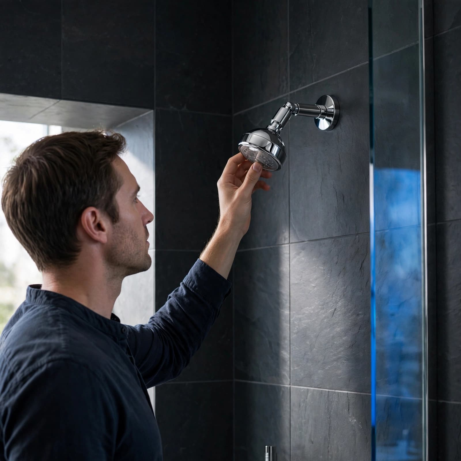 A man adjusts a chrome shower head in a dark slate-tiled bathroom.